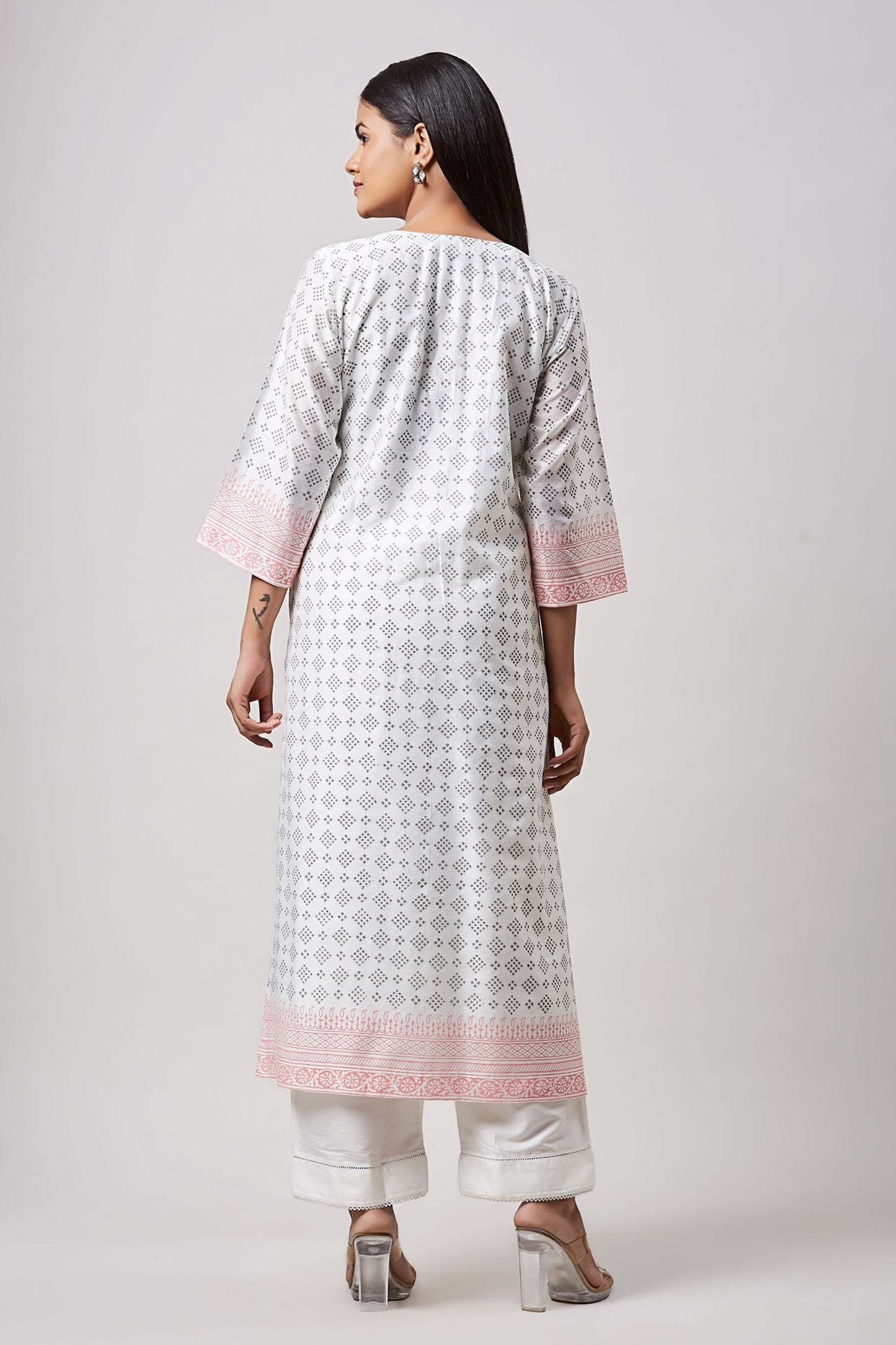 Pink & Grey Block Printed Designer Kurta Set