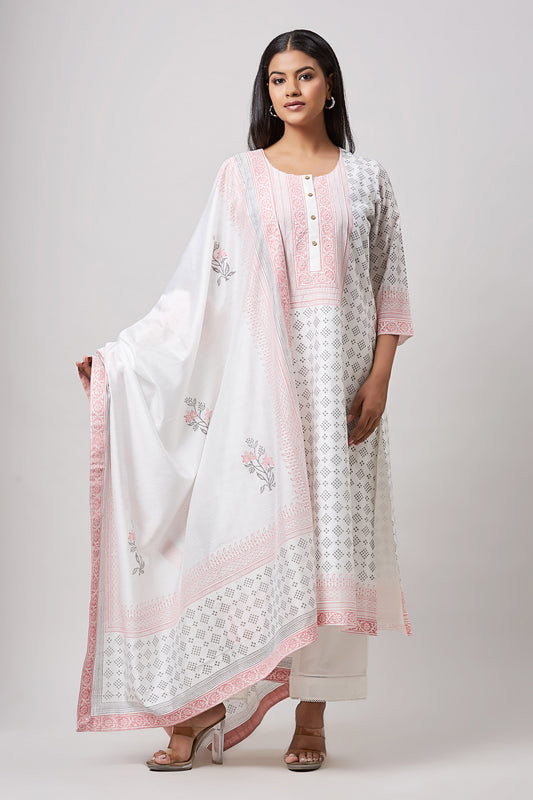 Pink & Grey Block Printed Designer Kurta Set