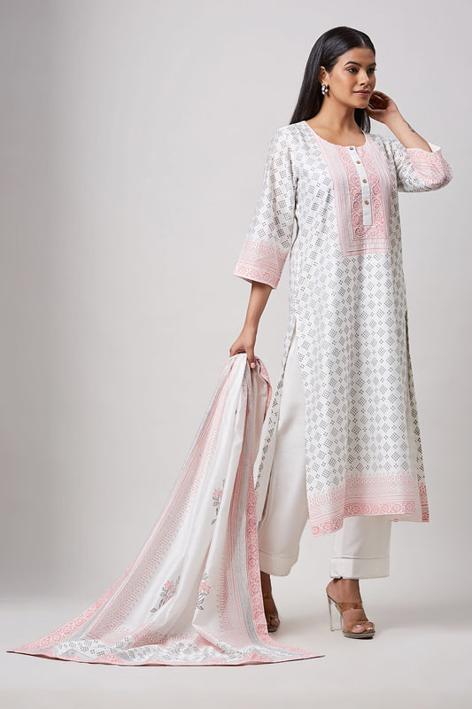 Pink & Grey Block Printed Designer Kurta Set