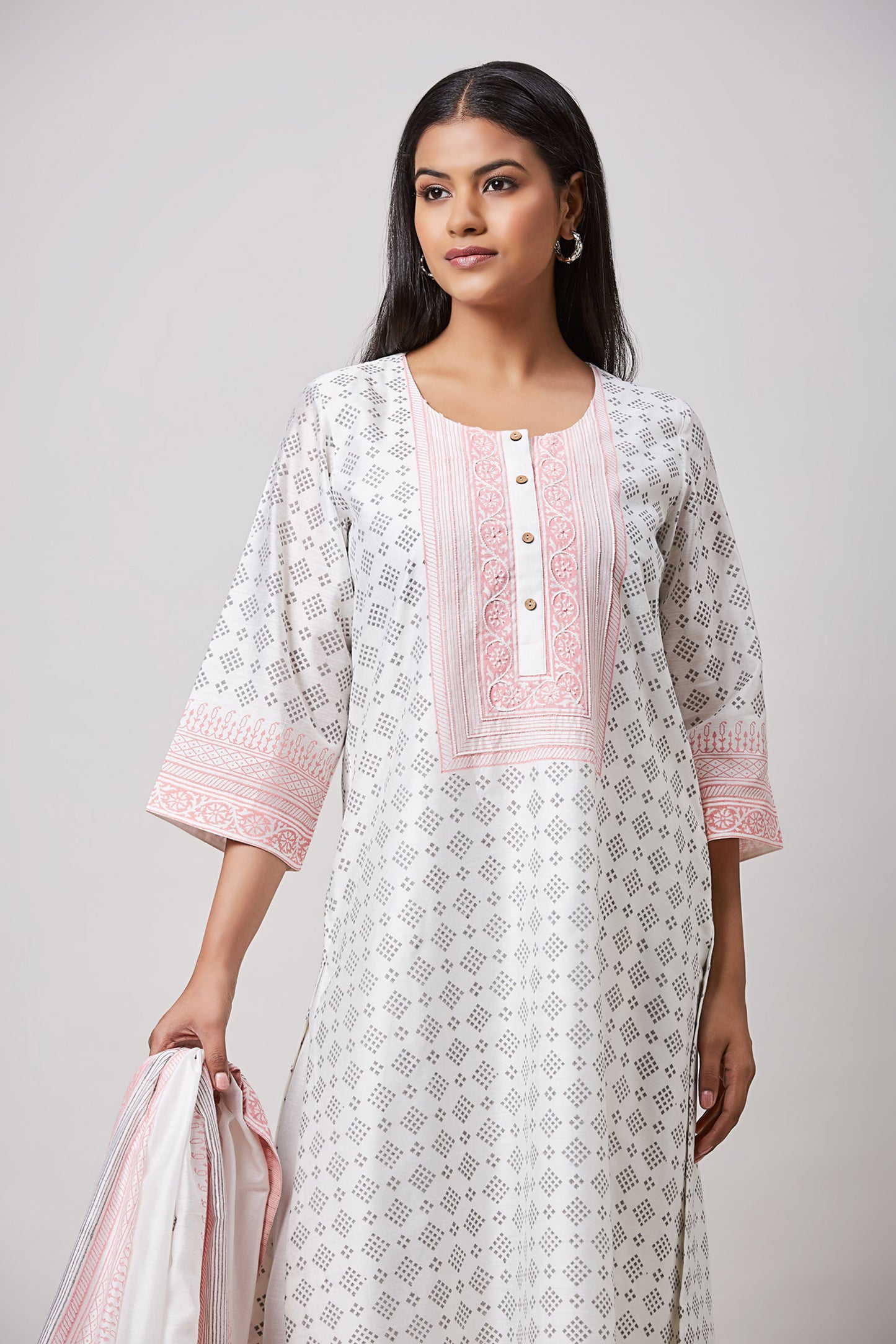 Pink & Grey Block Printed Designer Kurta Set
