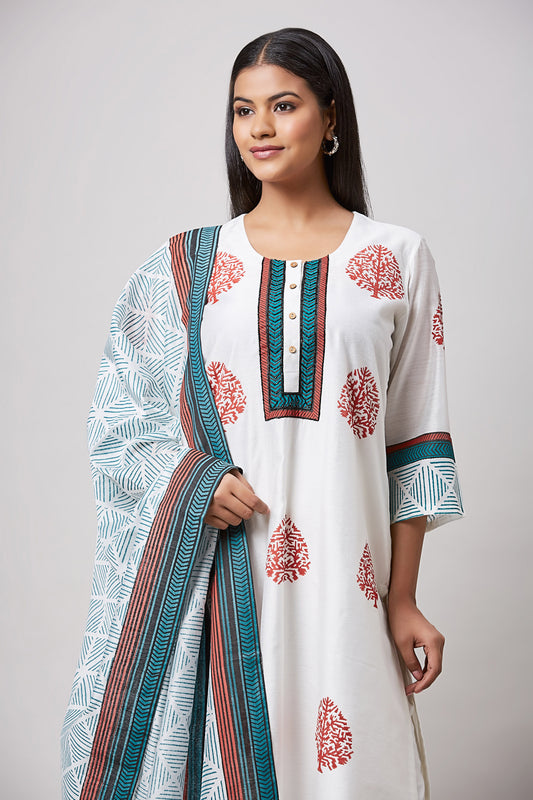 Rust & Indigo Block Printed Designer Kurta Set