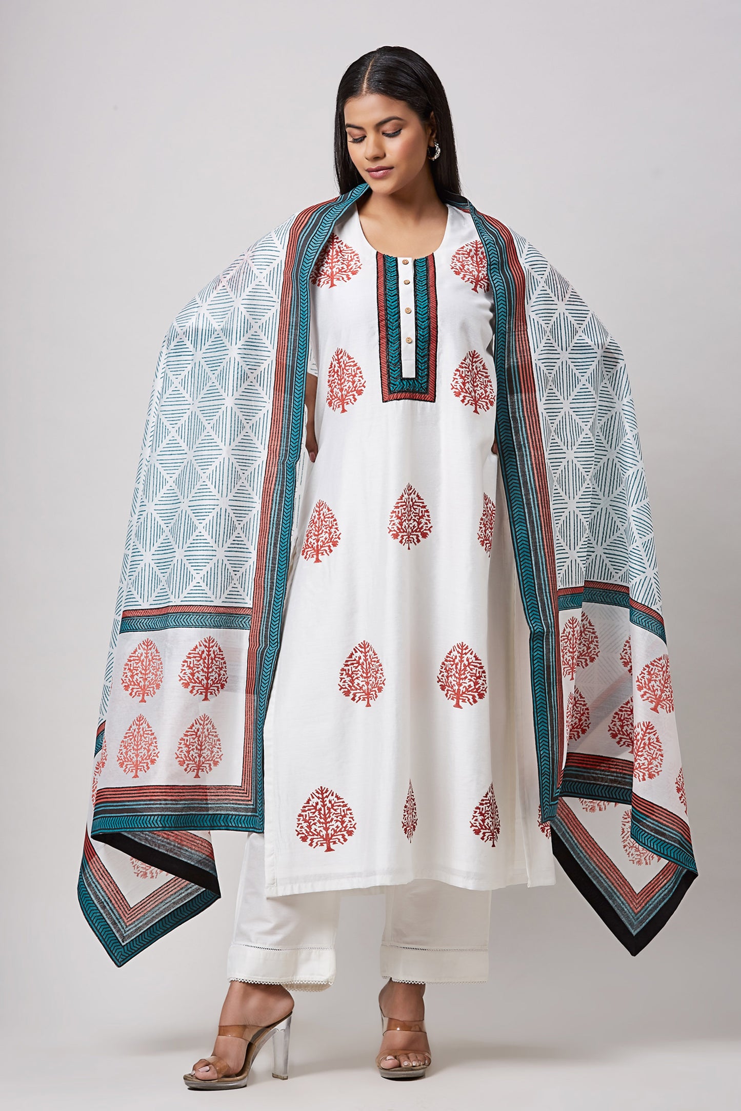 Rust & Indigo Block Printed Designer Kurta Set