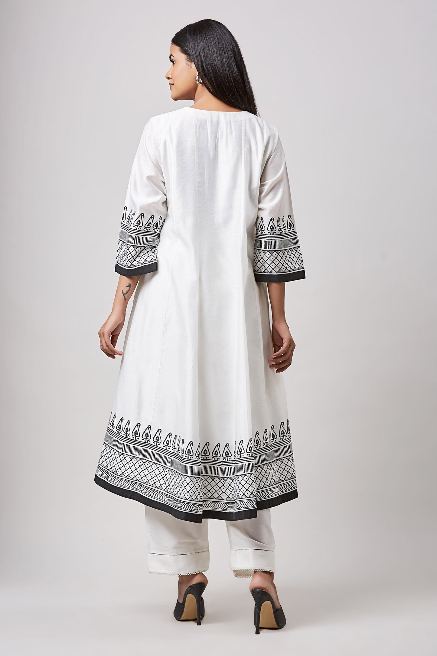 Ivory and Black Block Printed Chanderi Anarkali Set