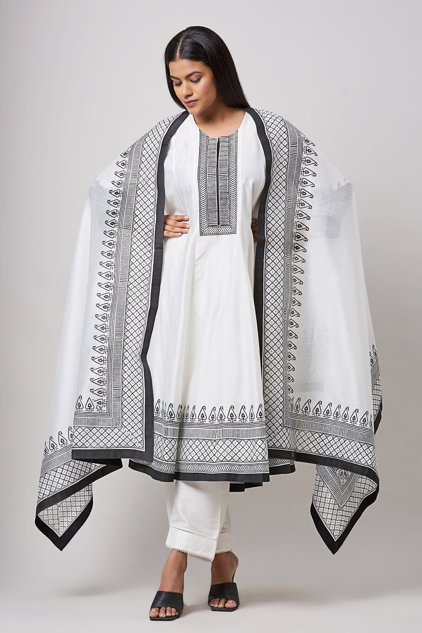 Ivory and Black Block Printed Chanderi Anarkali Set