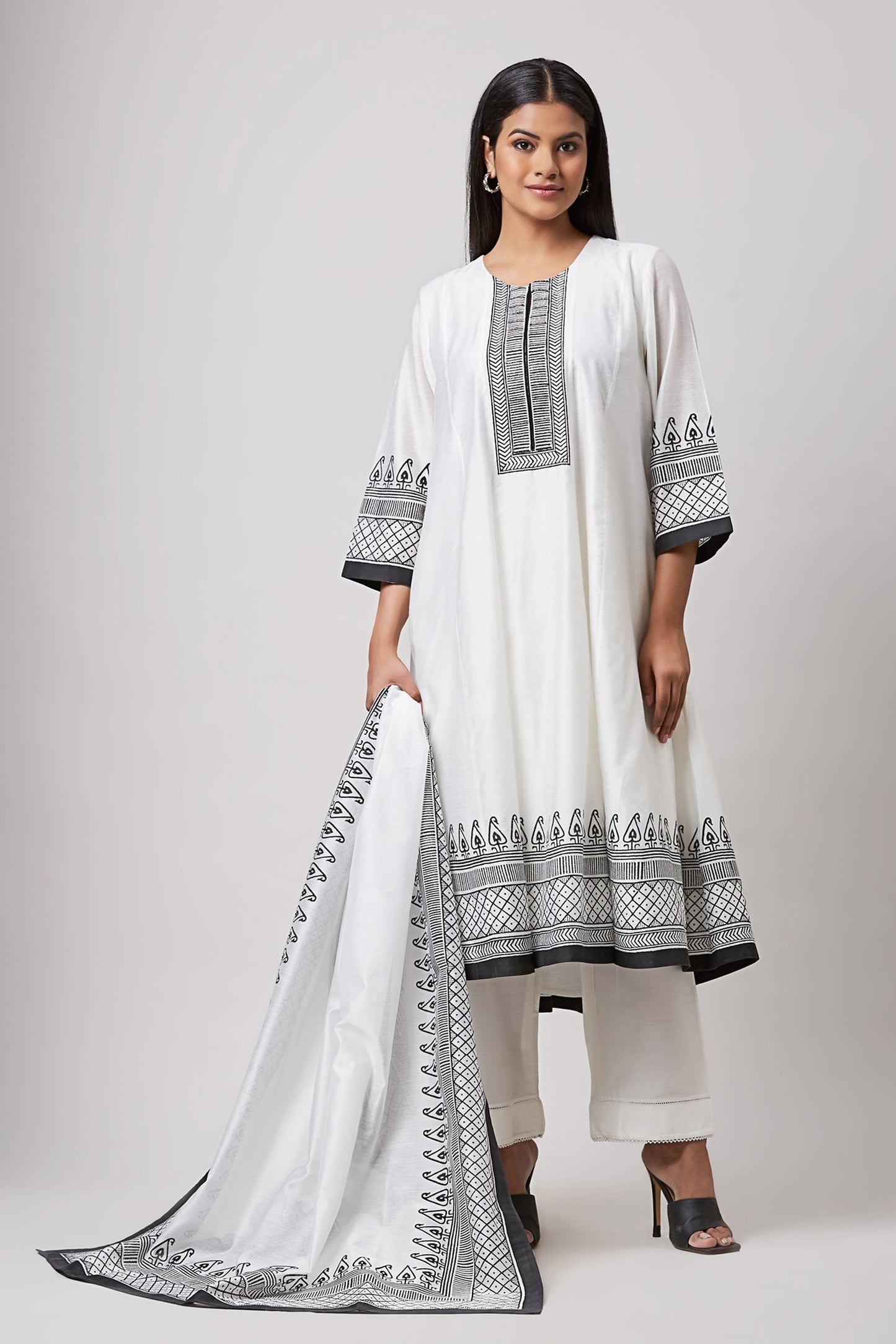 Ivory and Black Block Printed Chanderi Anarkali Set