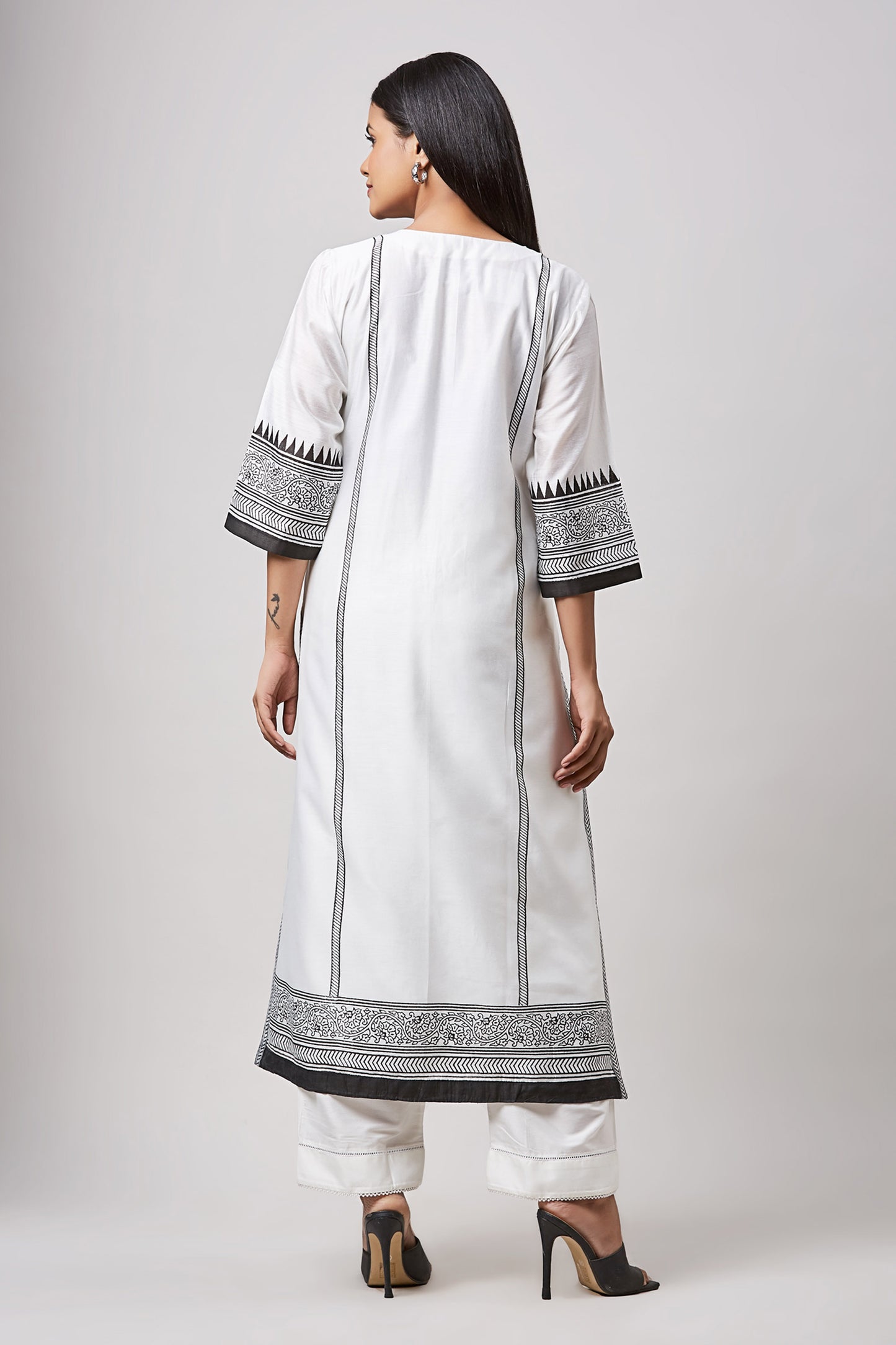 Ivory and Black Block Printed Embroidered Chanderi Kurta Set