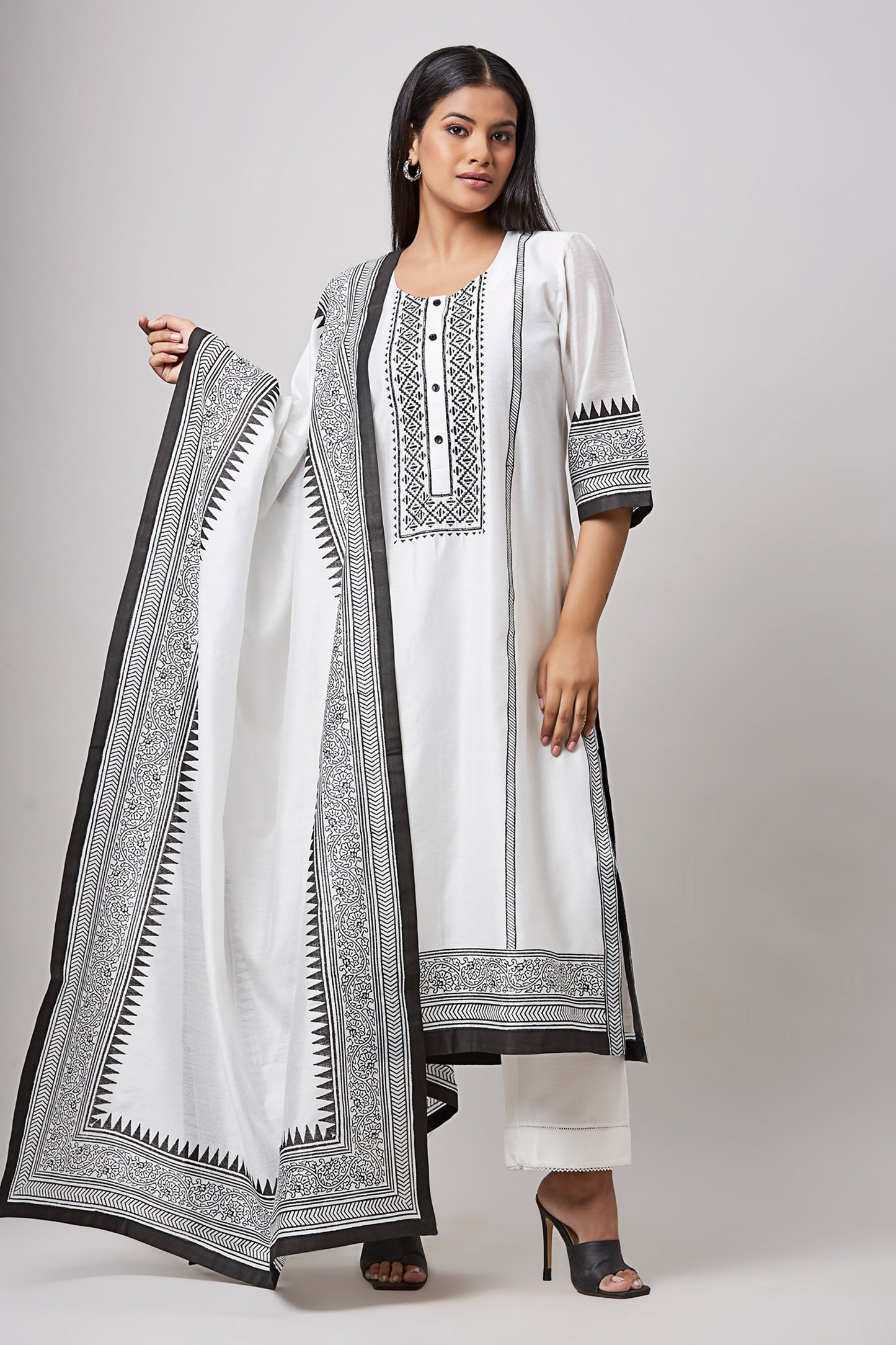 Ivory and Black Block Printed Embroidered Chanderi Kurta Set