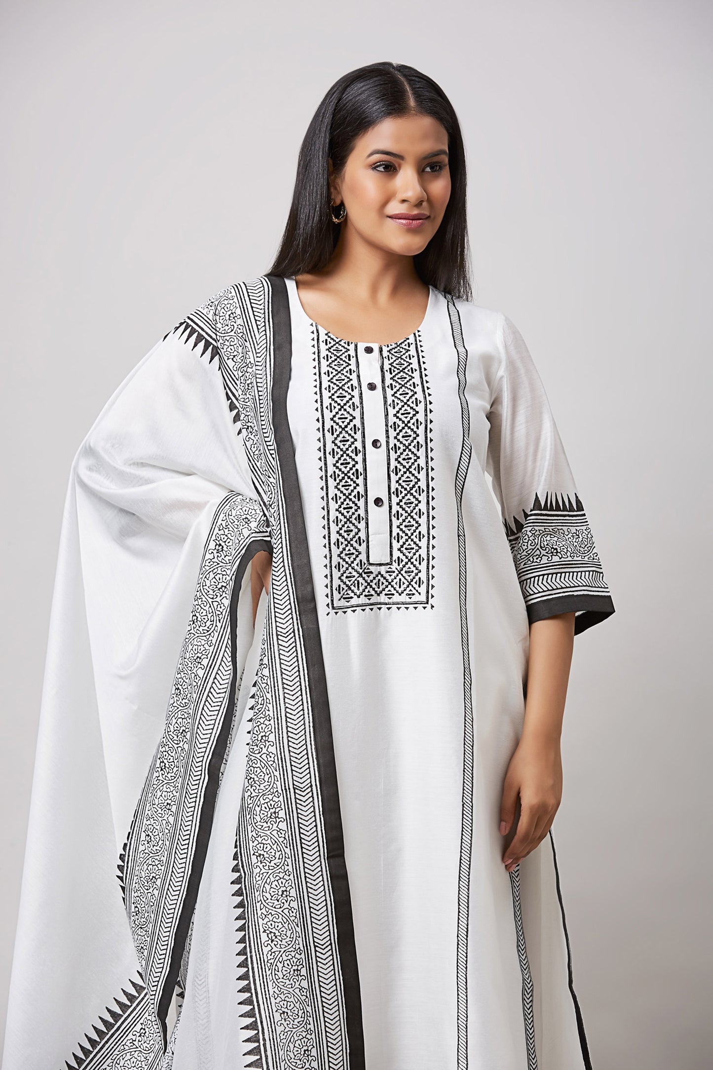 Ivory and Black Block Printed Embroidered Chanderi Kurta Set
