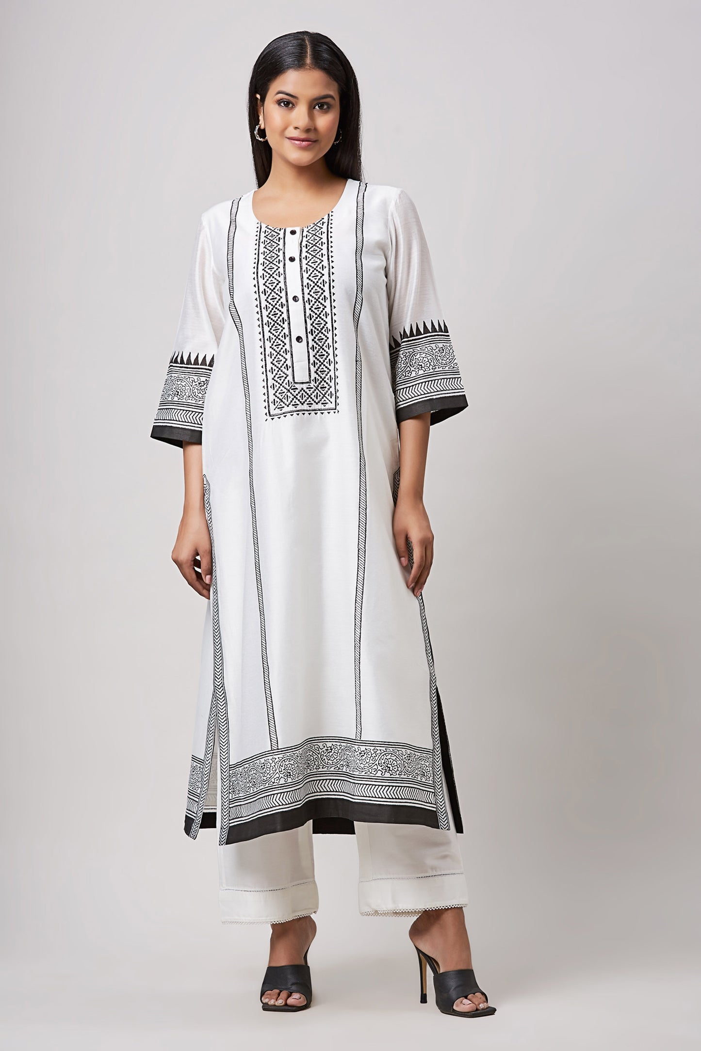 Ivory and Black Block Printed Embroidered Chanderi Kurta Set