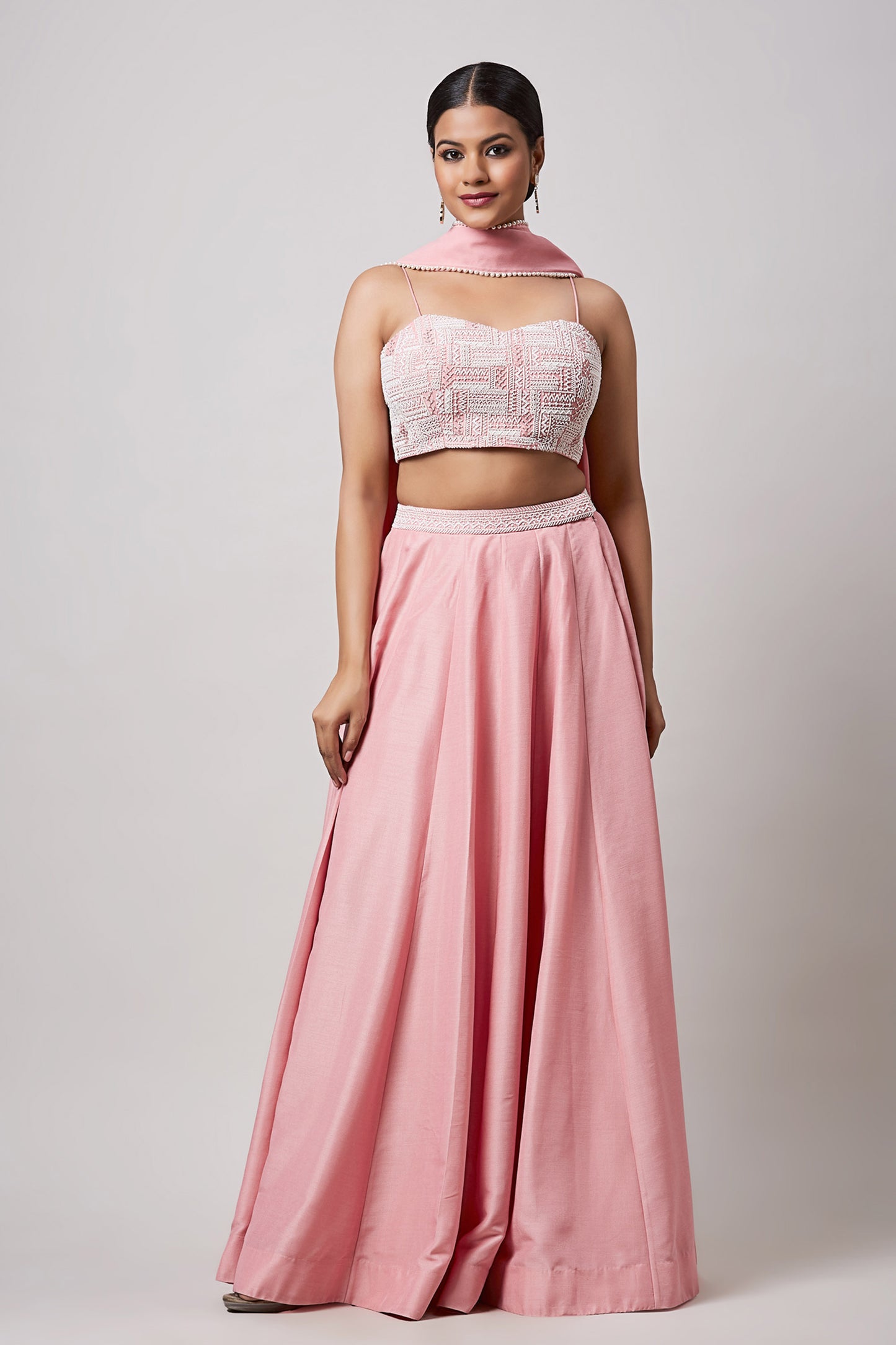 Pearl Work Pink Bustier With Lehenga
