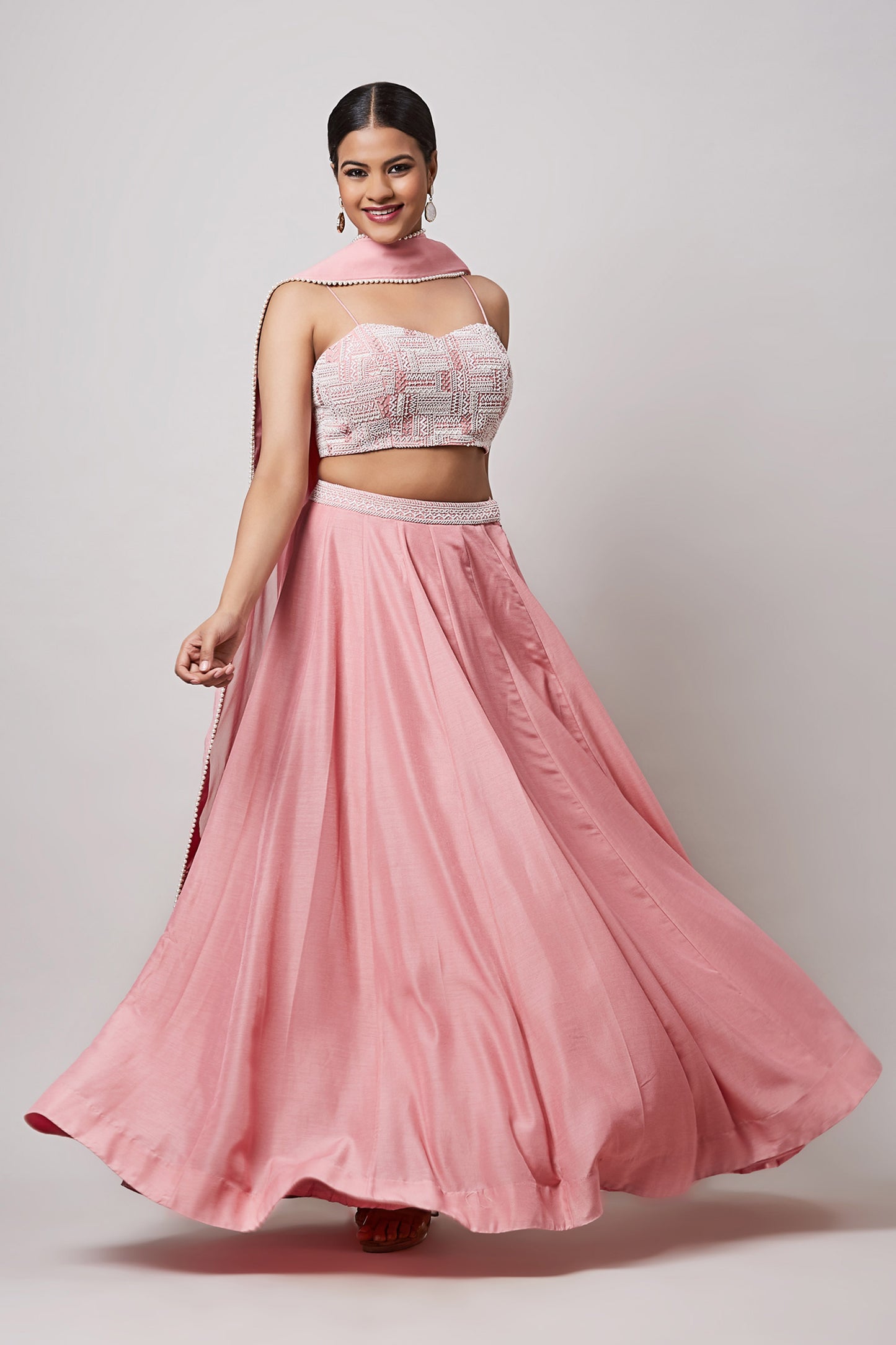 Pearl Work Pink Bustier With Lehenga