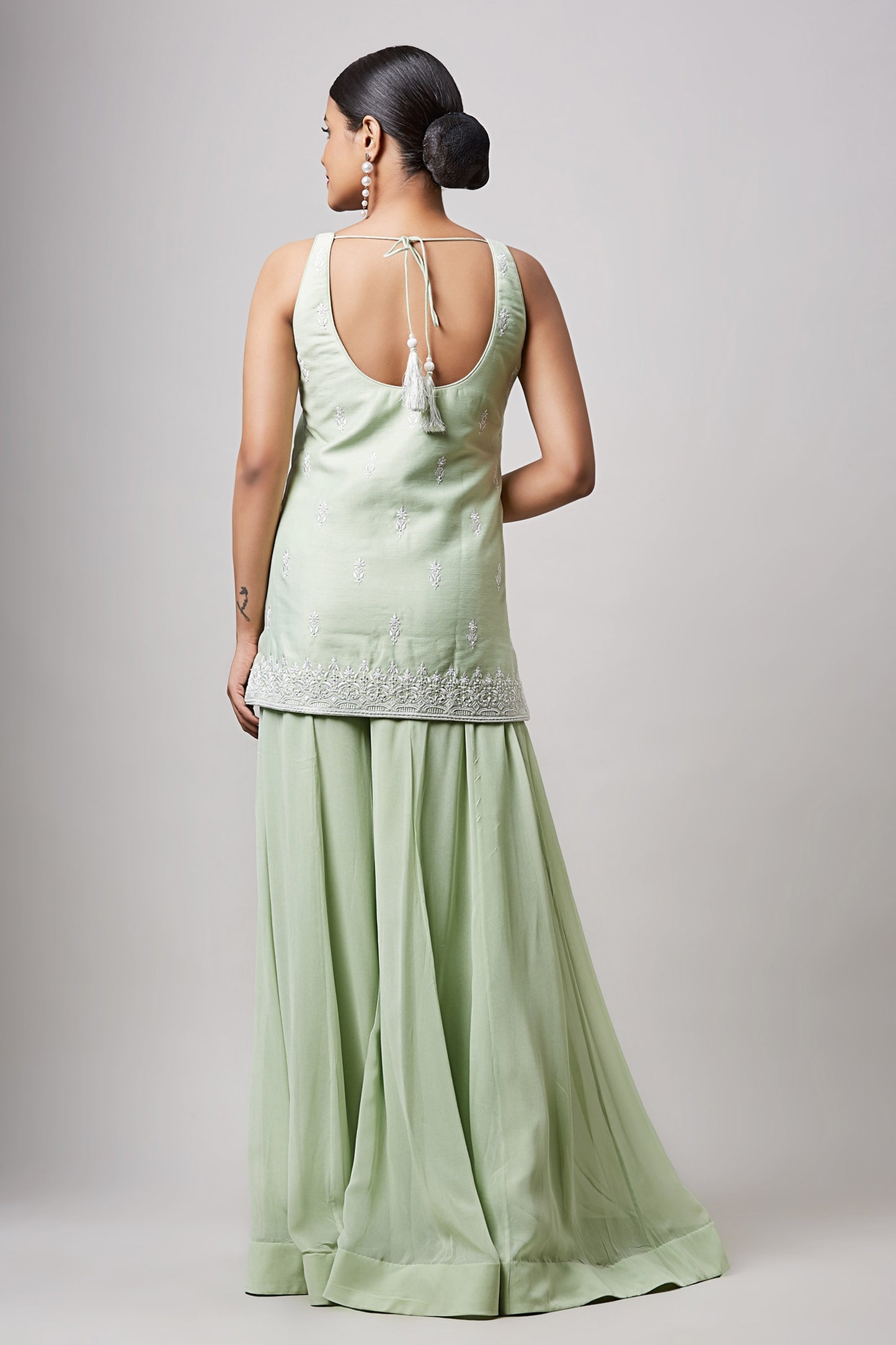 Mint Green Zion Silk Hand Embroidered Designer Sharara Set