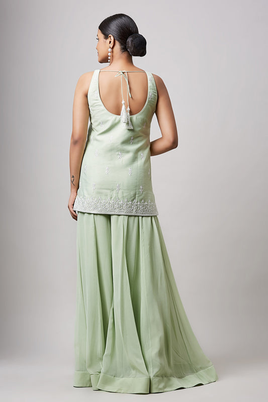 Mint Green Zion Silk Hand Embroidered Designer Sharara Set