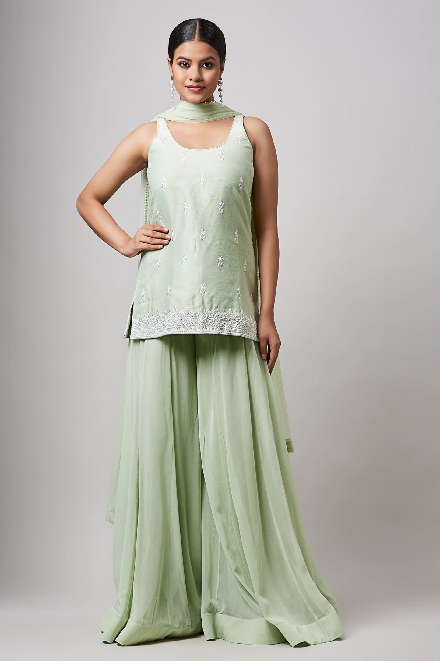 Mint Green Zion Silk Hand Embroidered Designer Sharara Set