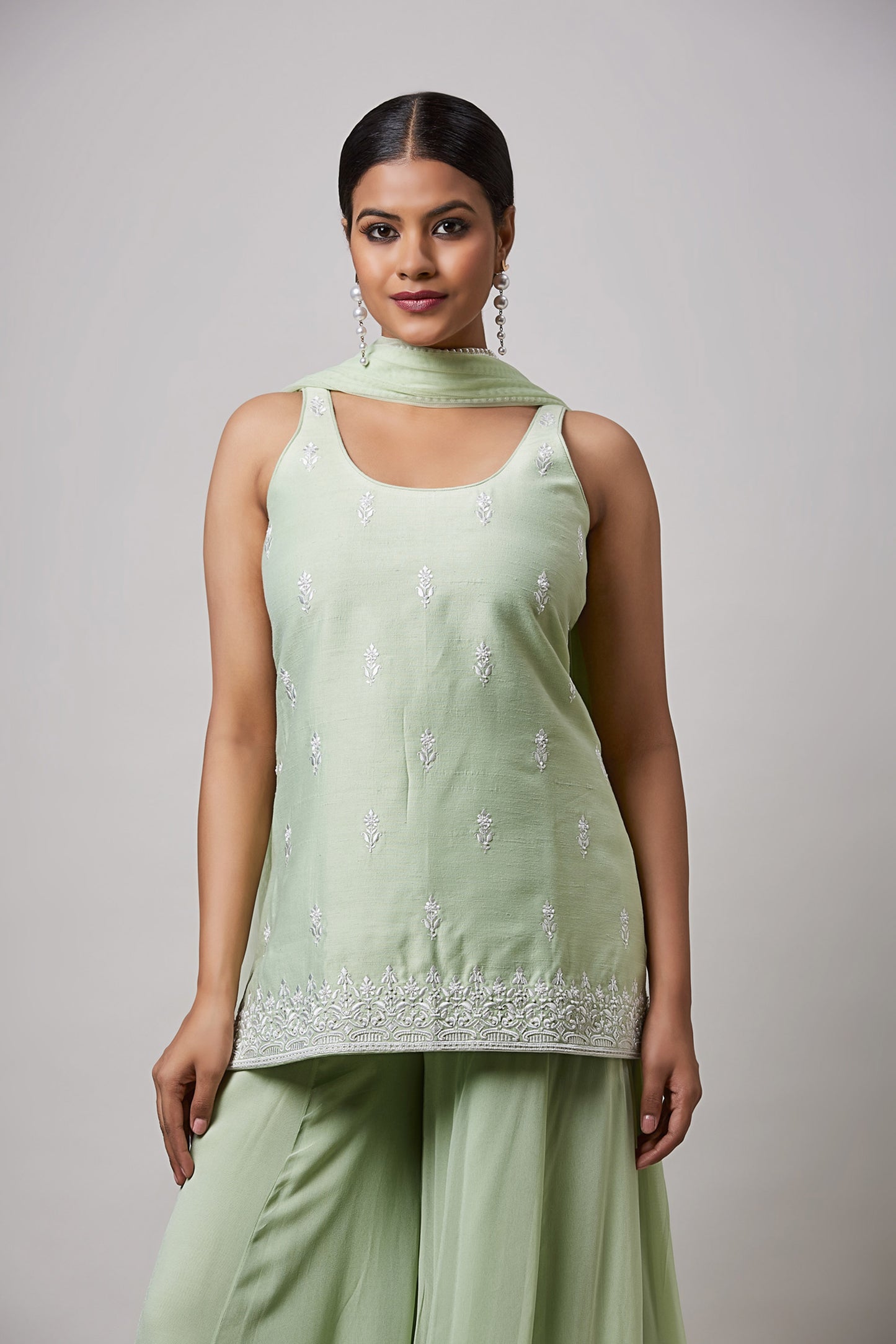 Mint Green Zion Silk Hand Embroidered Designer Sharara Set