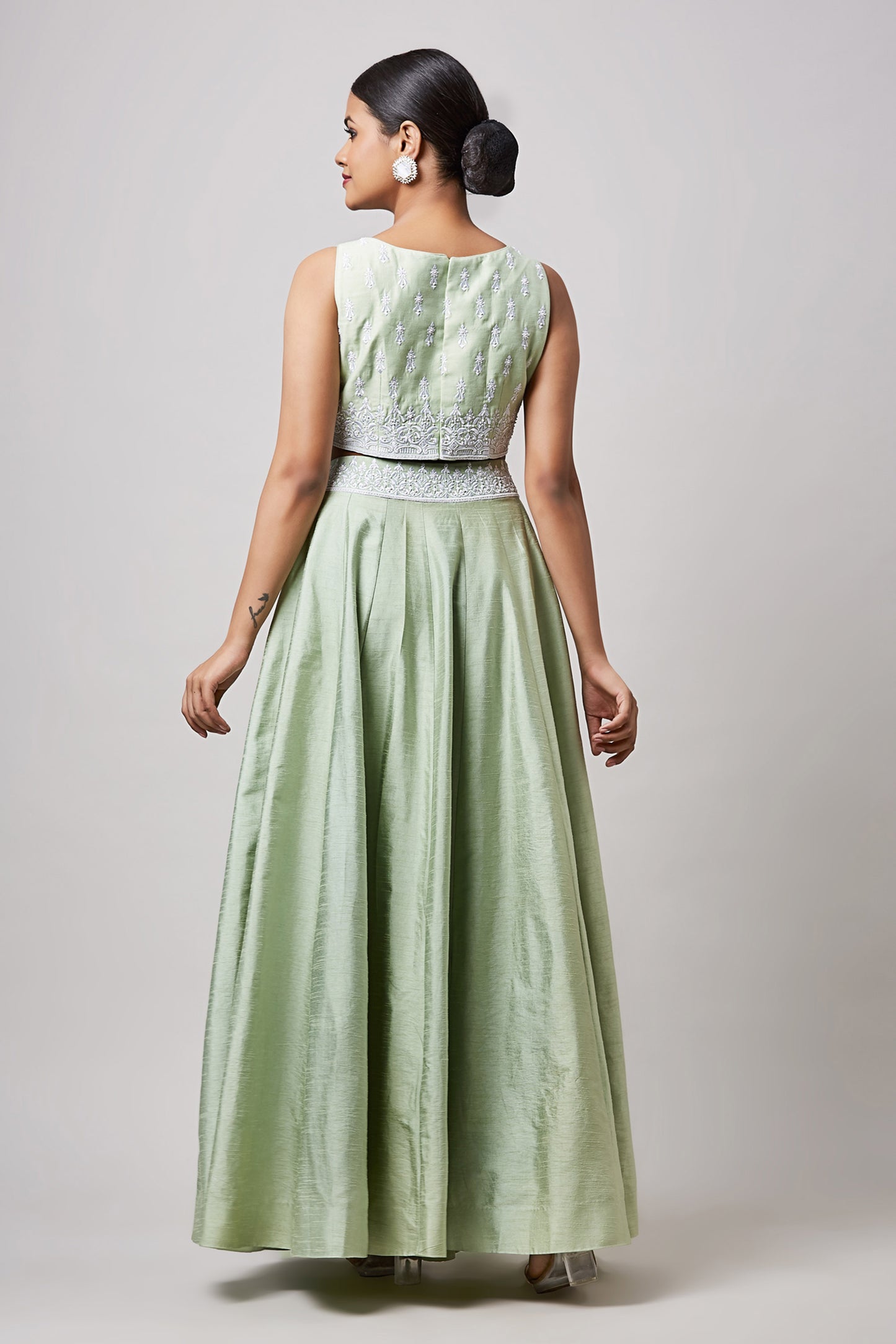 Mint Green Hand Embroidered Raw Silk Lehenga Set