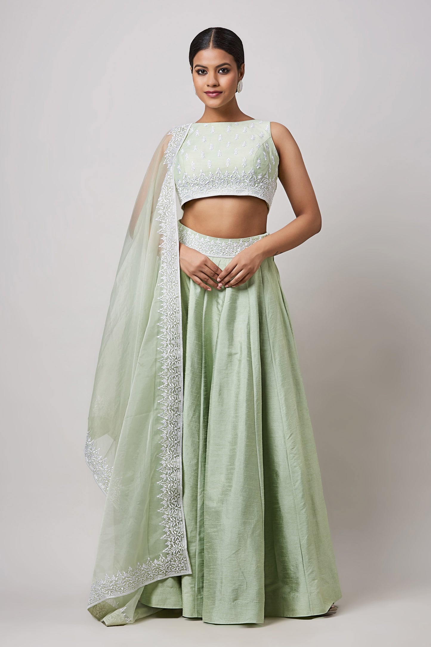 Mint Green Hand Embroidered Raw Silk Lehenga Set