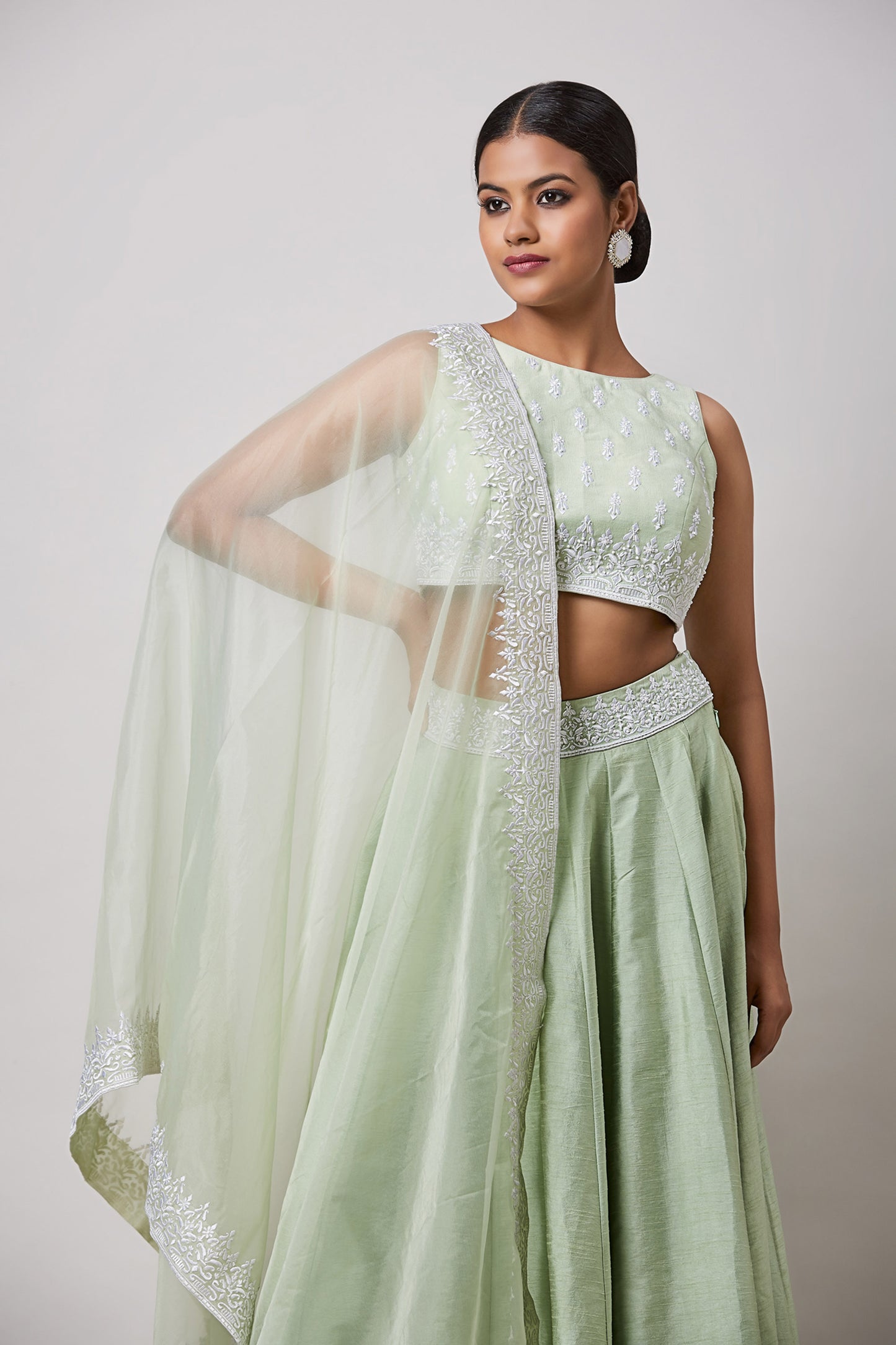 Mint Green Hand Embroidered Raw Silk Lehenga Set