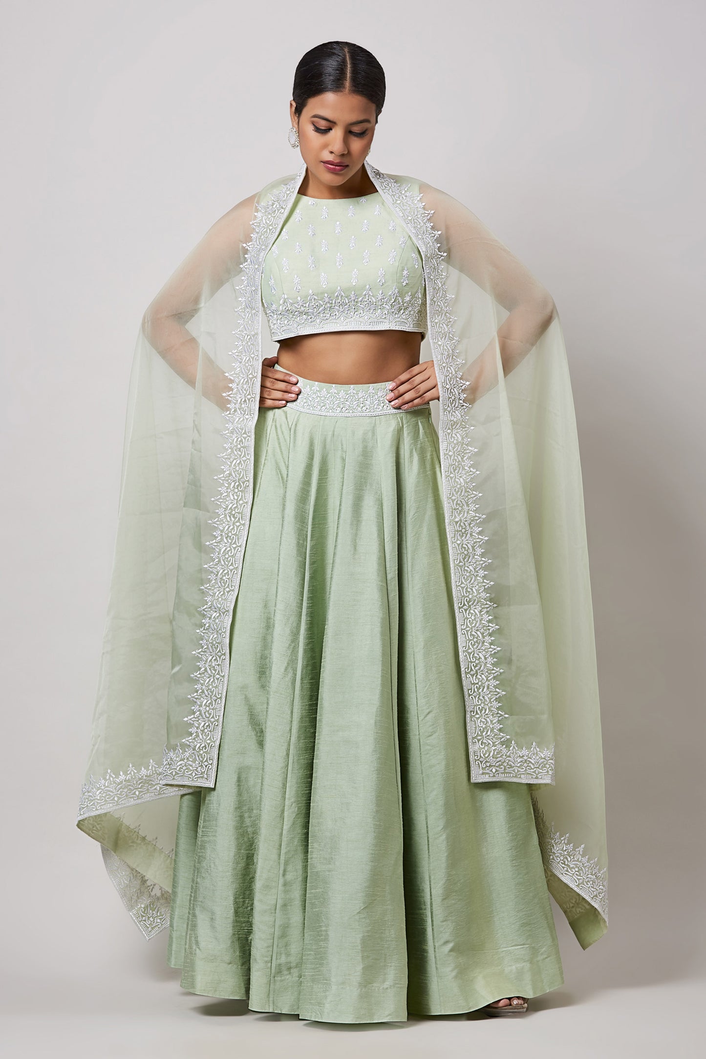 Mint Green Hand Embroidered Raw Silk Lehenga Set