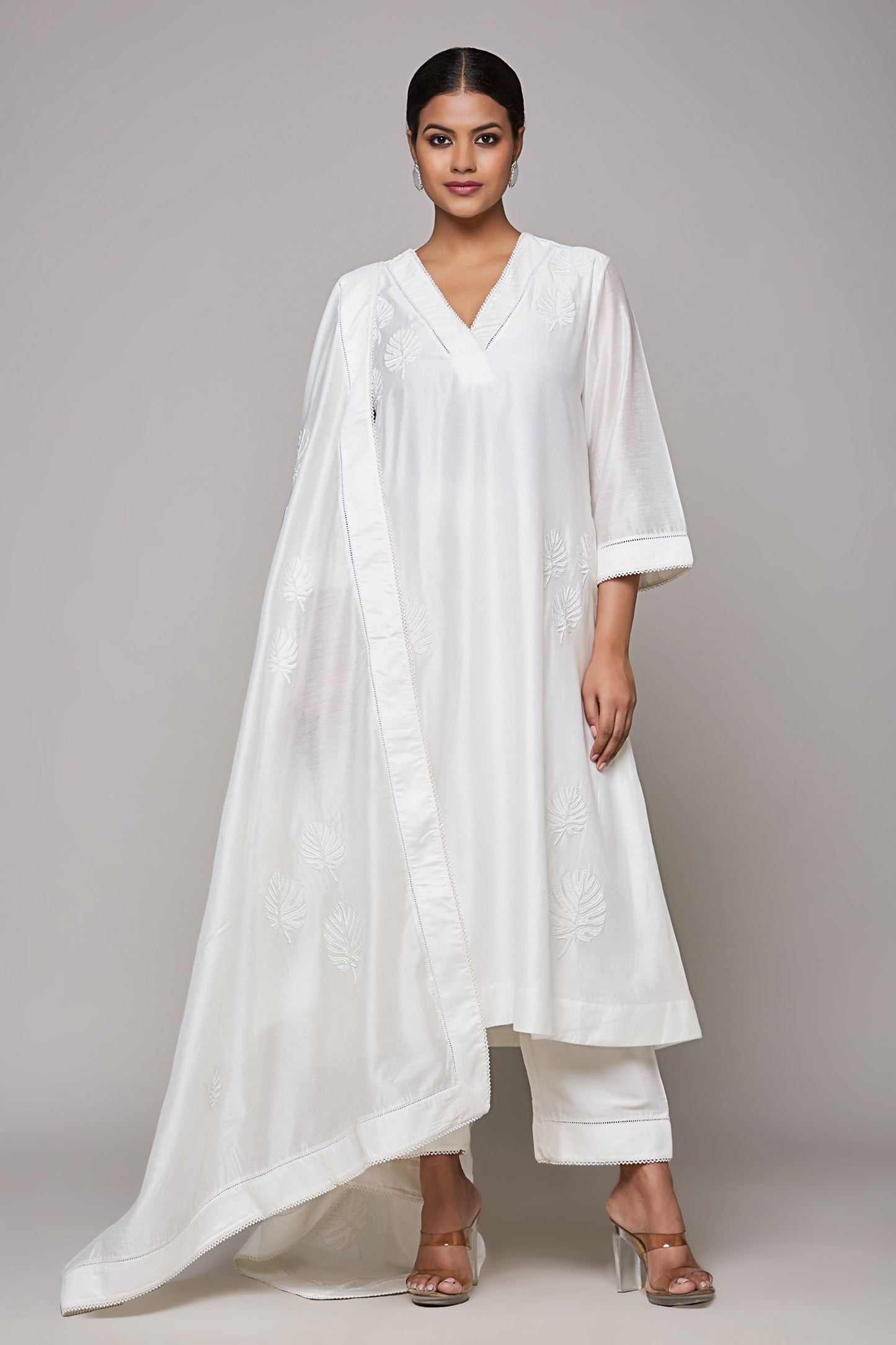 Chanderi Ivory Leaf Applique - Sanjev Marwaaha