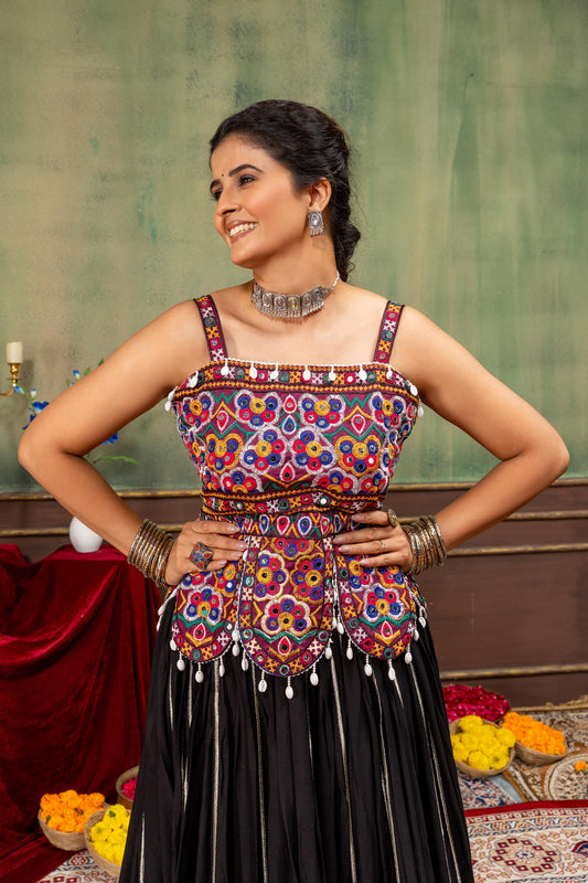 Black and Multicolour Rayon Silk Mirror & Thread Embroidered Navratri Lehenga Choil