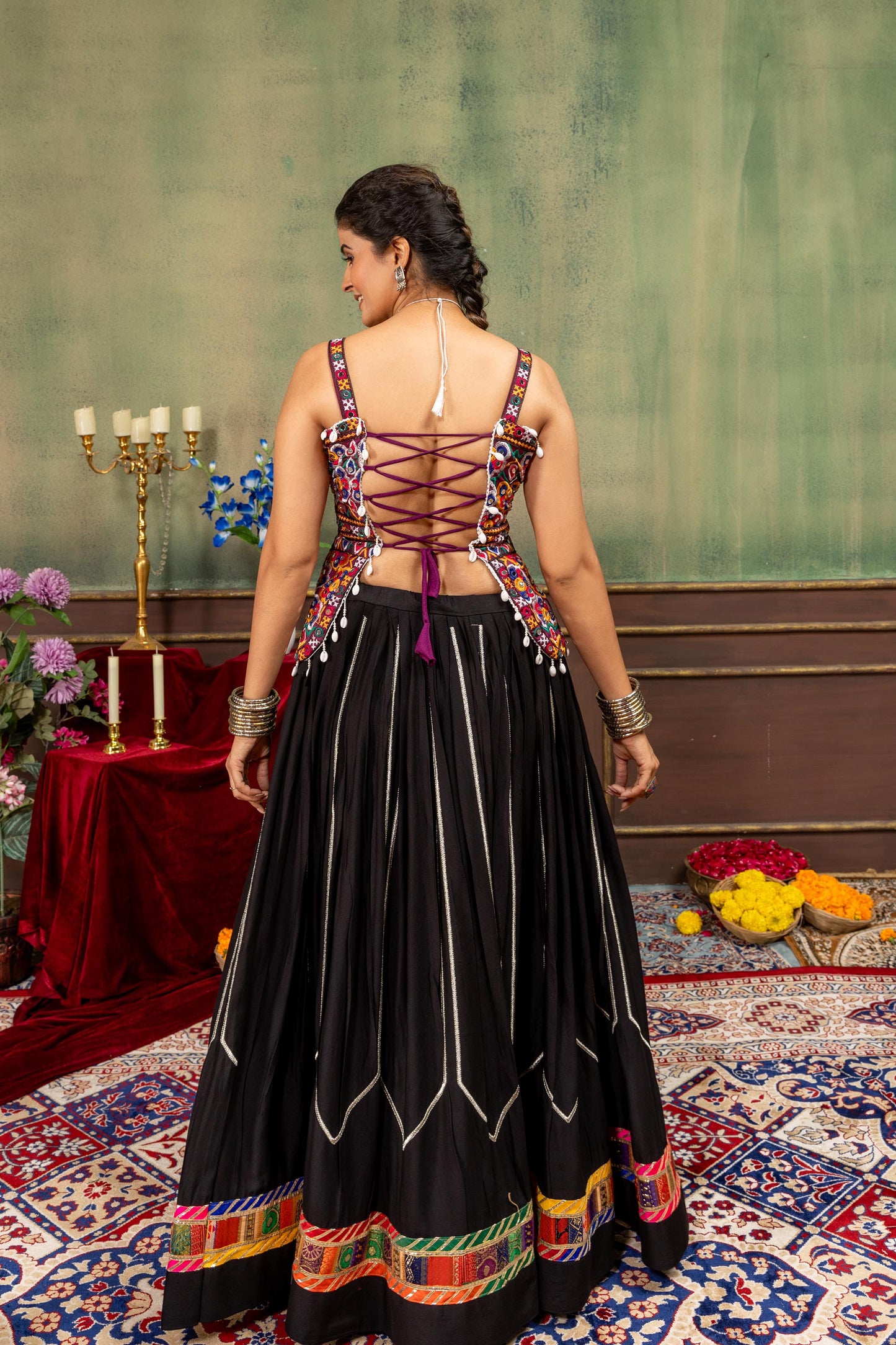 Black and Multicolour Rayon Silk Mirror & Thread Embroidered Navratri Lehenga Choil