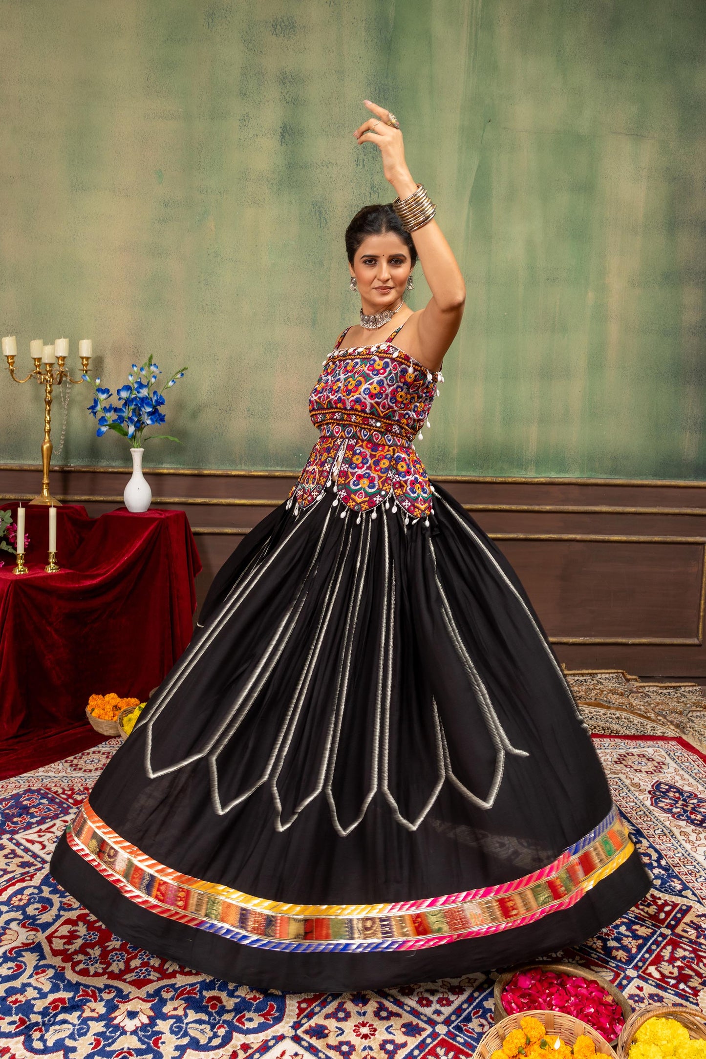 Black and Multicolour Rayon Silk Mirror & Thread Embroidered Navratri Lehenga Choil