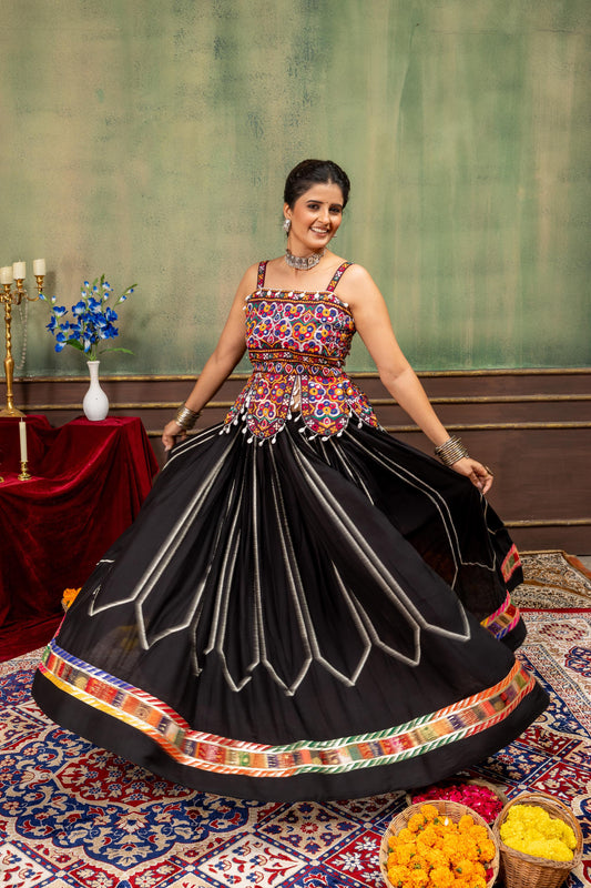Black and Multicolour Rayon Silk Mirror & Thread Embroidered Navratri Lehenga Choil