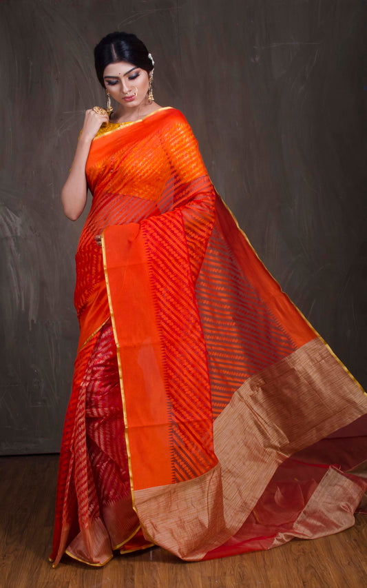 Banarasi Jute Net Saree in Fire Orange with Gicha Work