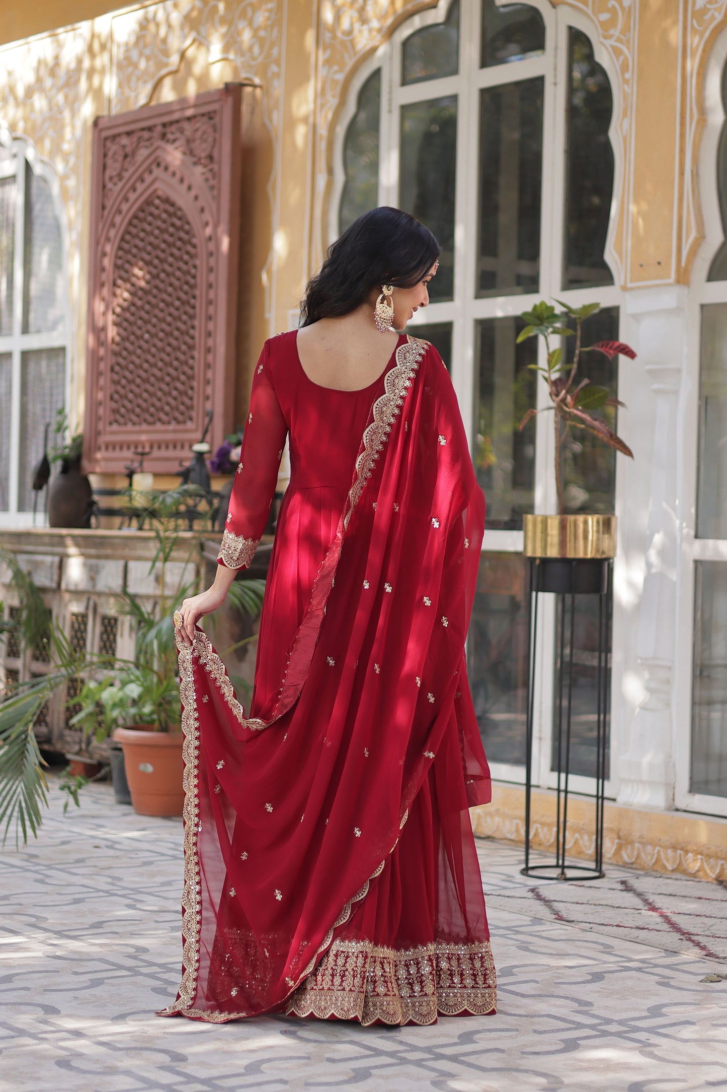 Maroon Georgette Thread , Sequins & Embroidered Festive Anarkali