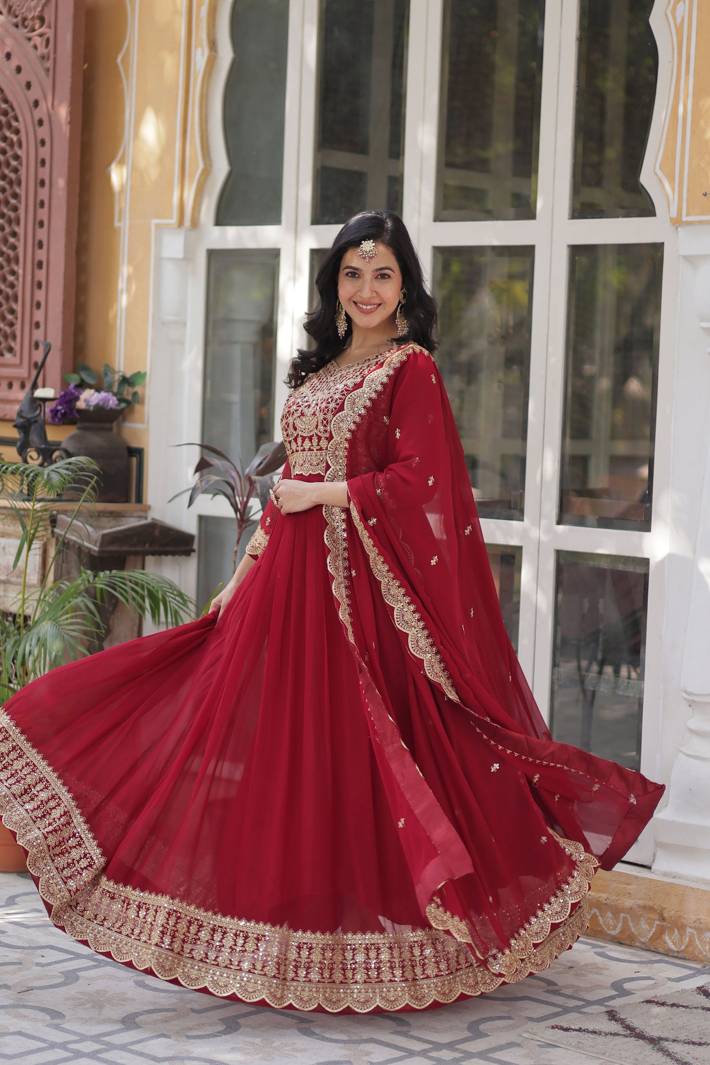 Maroon Georgette Thread , Sequins & Embroidered Festive Anarkali