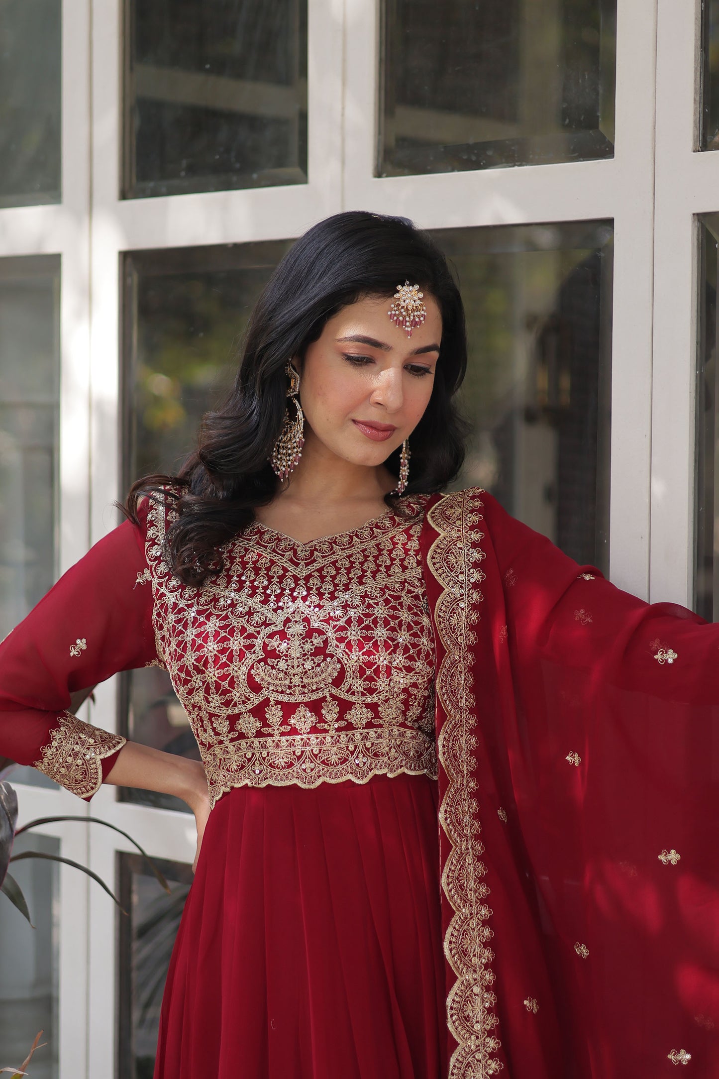 Maroon Georgette Thread , Sequins & Embroidered Festive Anarkali