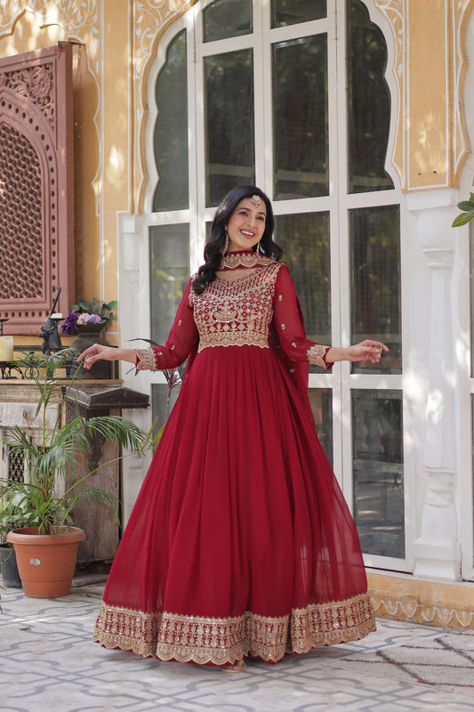Maroon Georgette Thread , Sequins & Embroidered Festive Anarkali