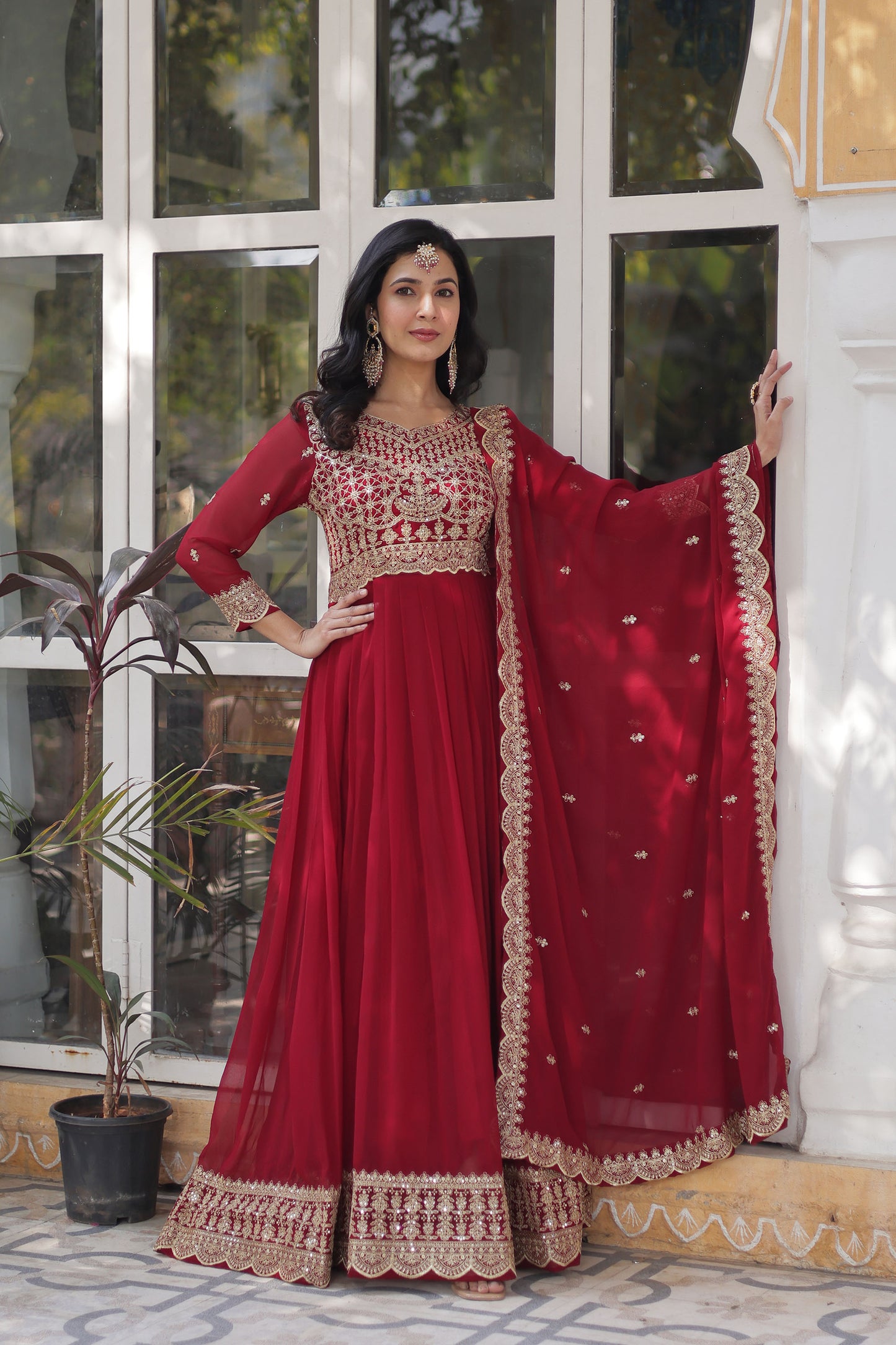 Maroon Georgette Thread , Sequins & Embroidered Festive Anarkali