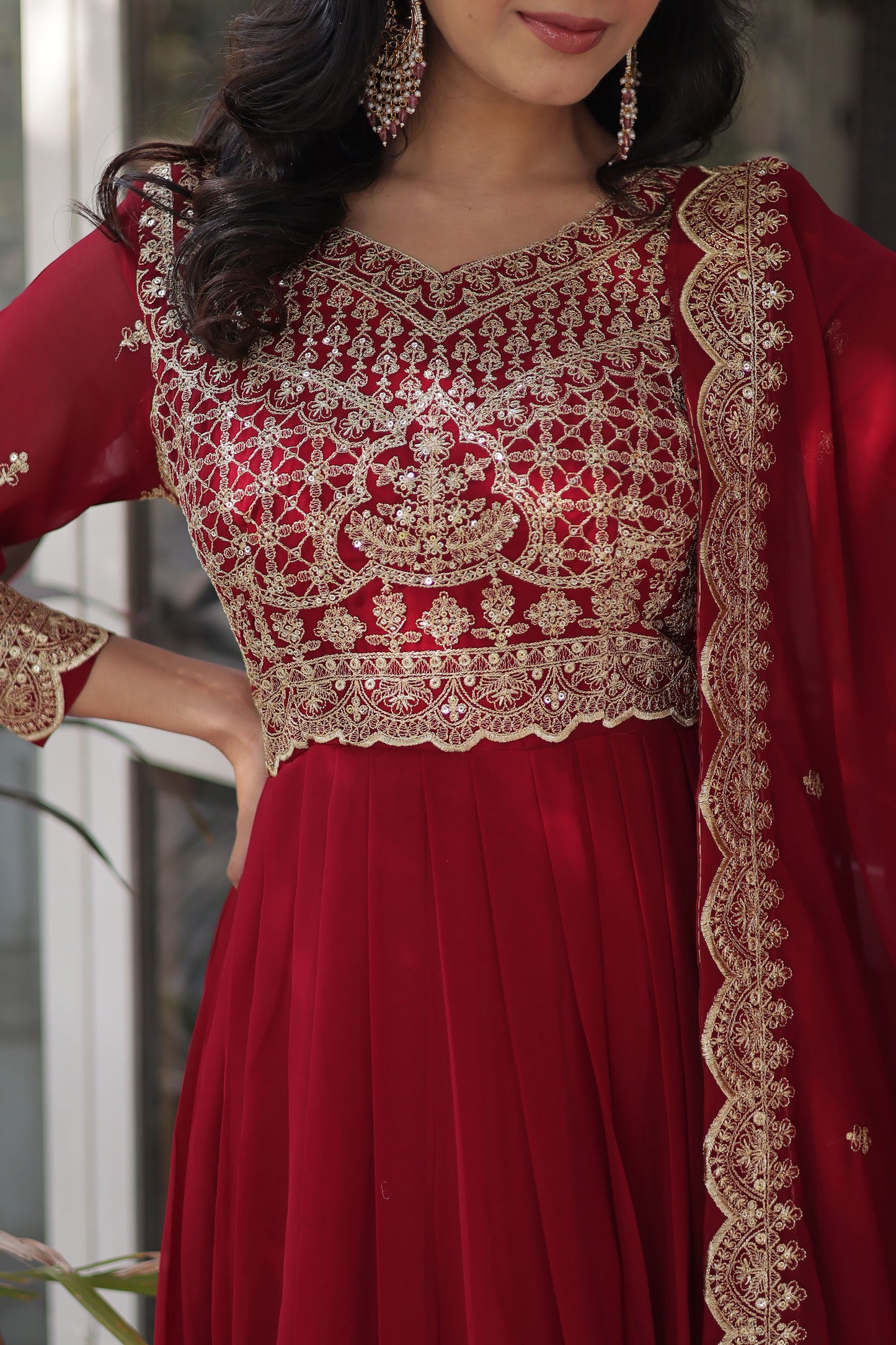 Maroon Georgette Thread , Sequins & Embroidered Festive Anarkali
