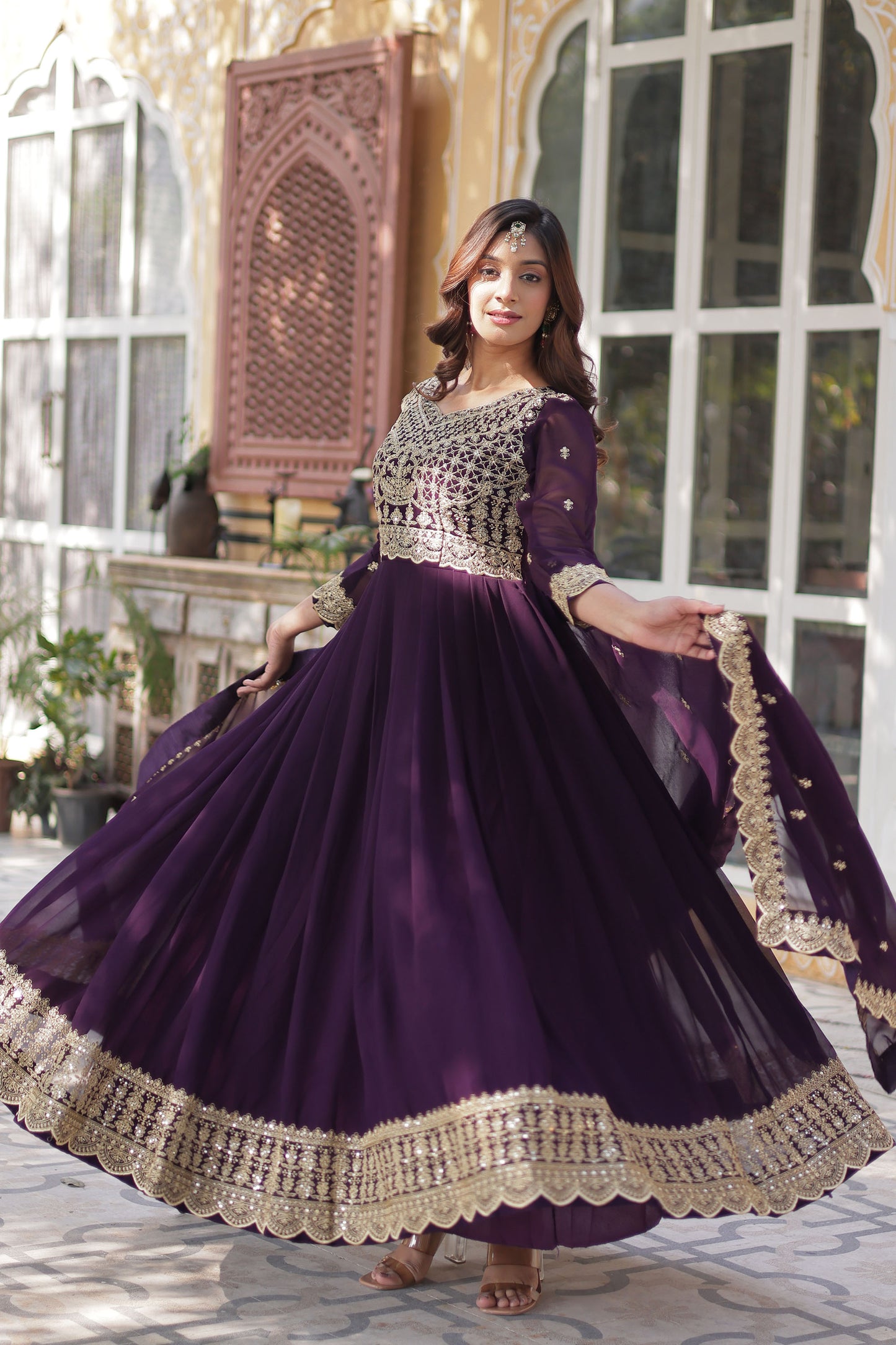 Wine Georgette Thread , Sequins & Embroidered Festive Anarkali