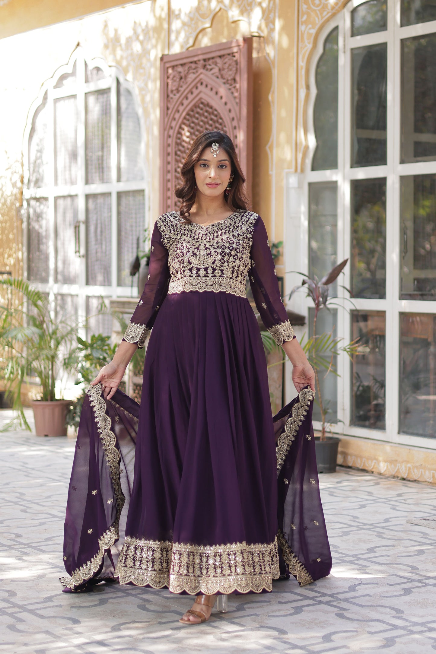 Wine Georgette Thread , Sequins & Embroidered Festive Anarkali