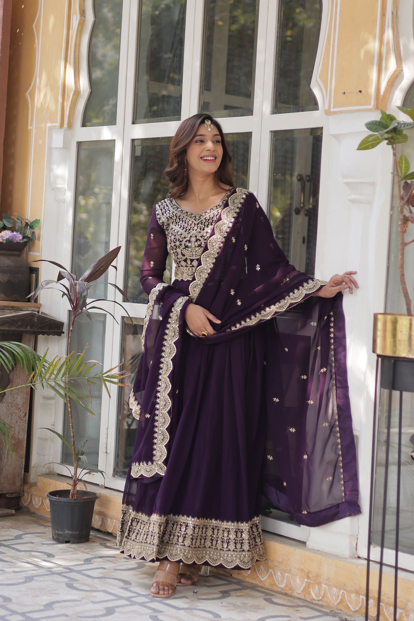 Wine Georgette Thread , Sequins & Embroidered Festive Anarkali
