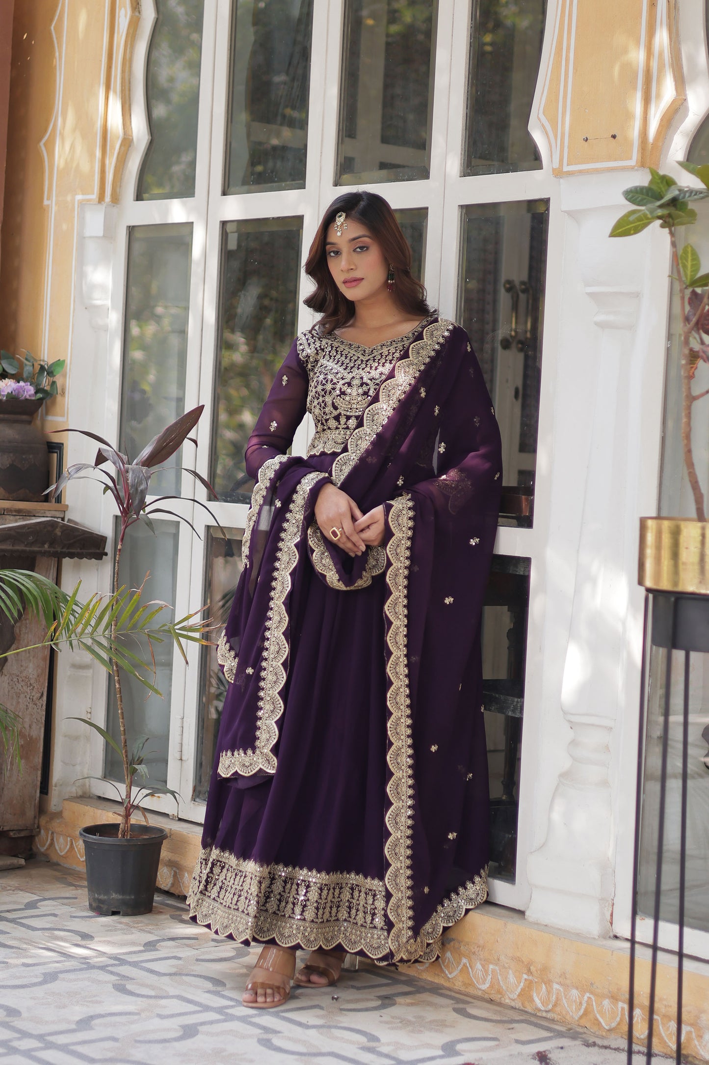 Wine Georgette Thread , Sequins & Embroidered Festive Anarkali