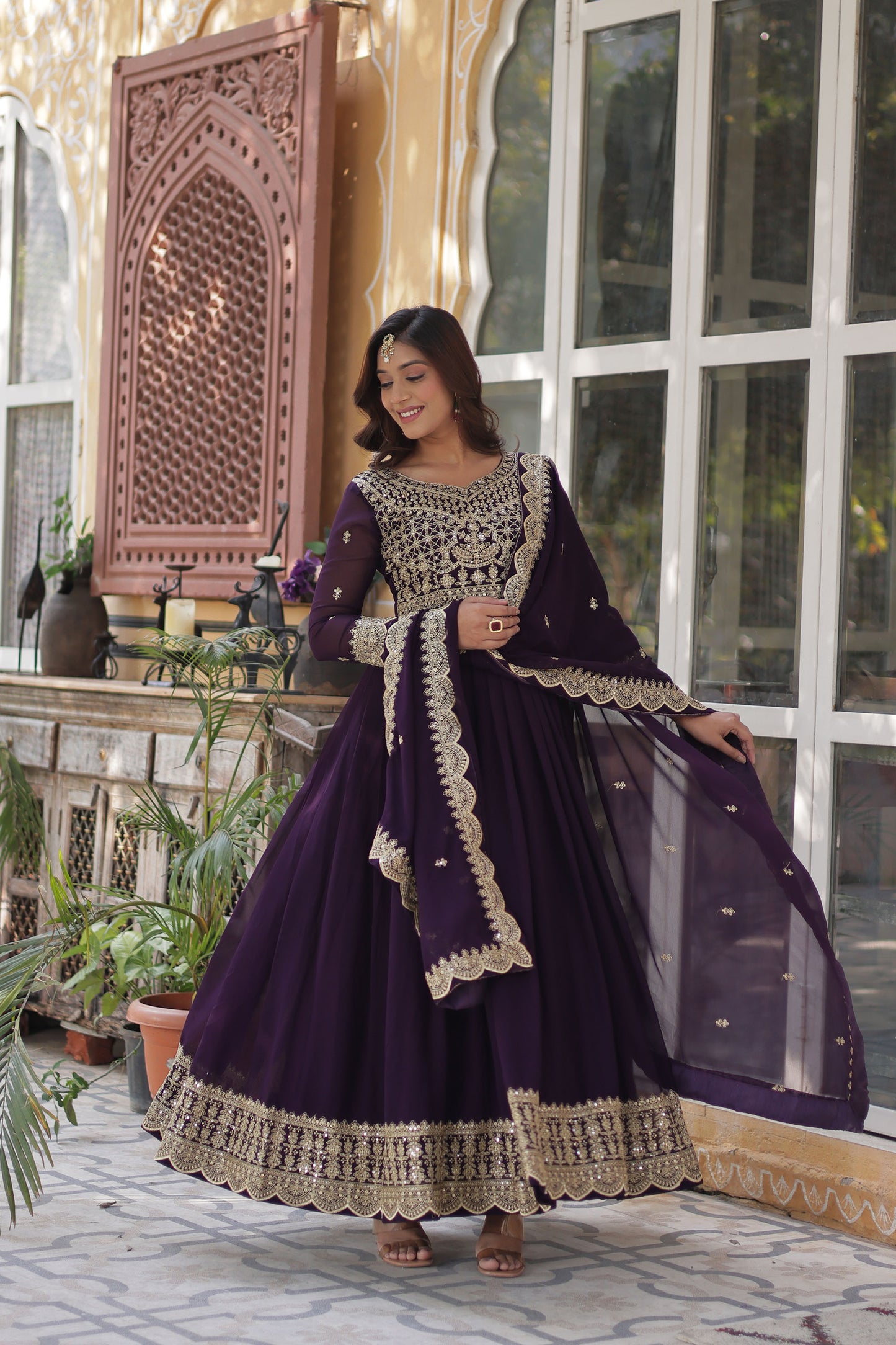 Wine Georgette Thread , Sequins & Embroidered Festive Anarkali