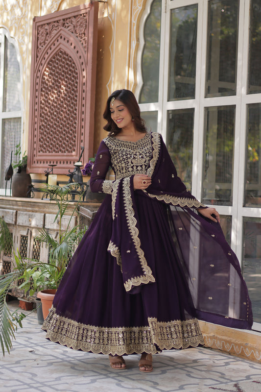 Wine Georgette Thread , Sequins & Embroidered Festive Anarkali