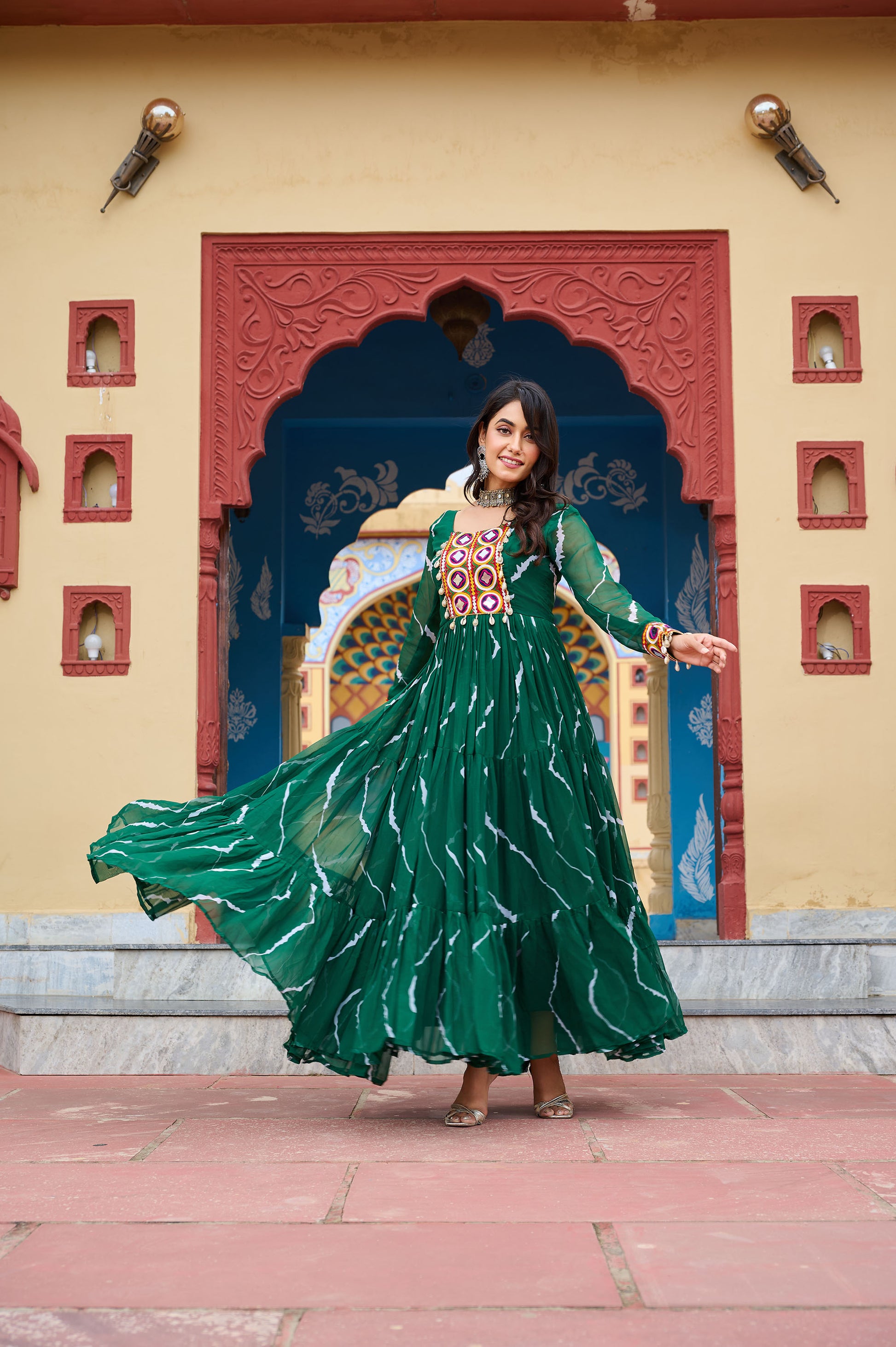 Green Faux Georgette Leheriya Print With Kutchi Patch Work Navaratri Gown- KA1187a XS Green Faux Georgette Leheriya Print With Kutchi Patch Work Navaratri Gown- KA1187a XS
