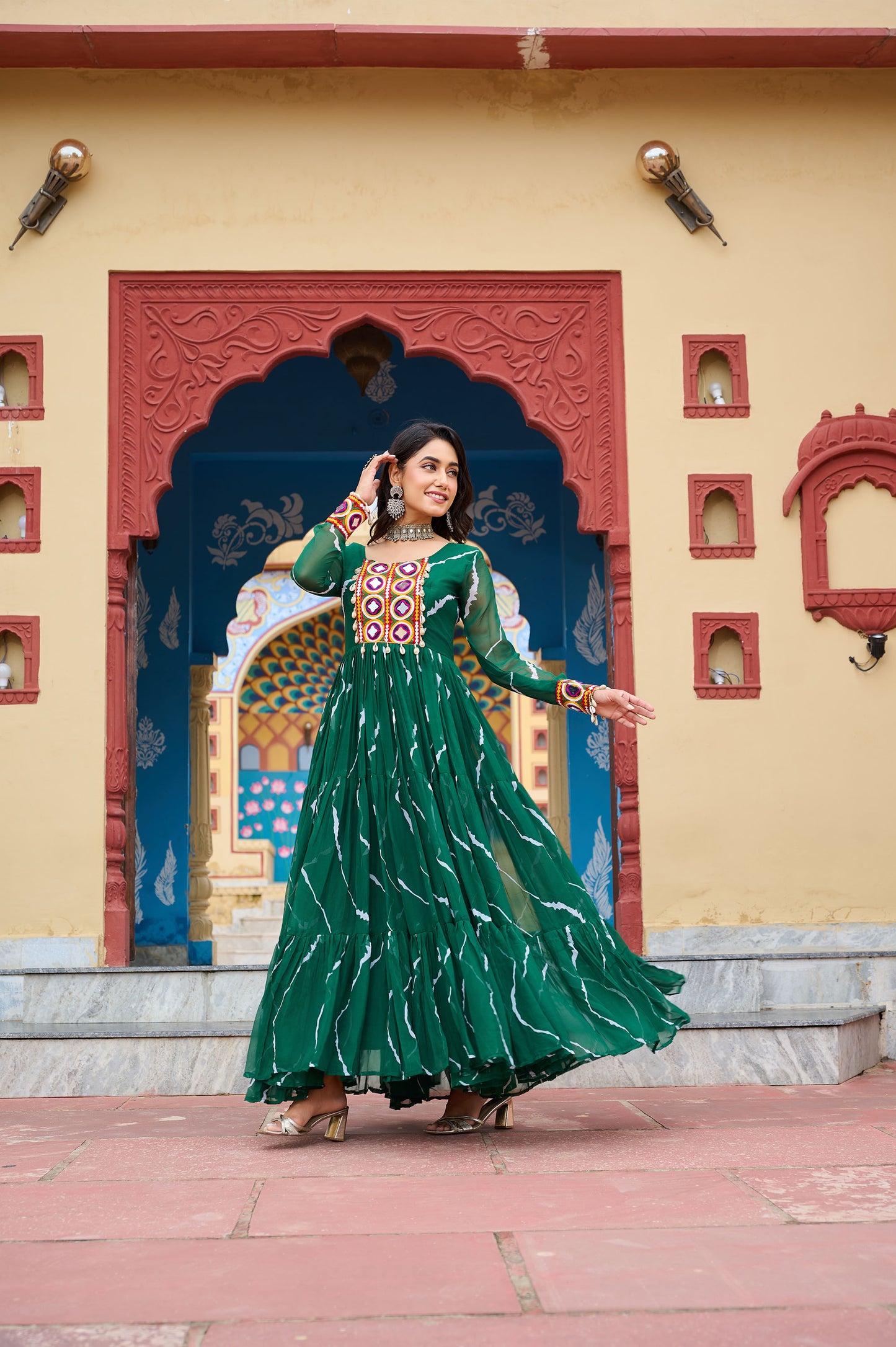 Green Faux Georgette Leheriya Print With Kutchi Patch Work Navaratri Gown