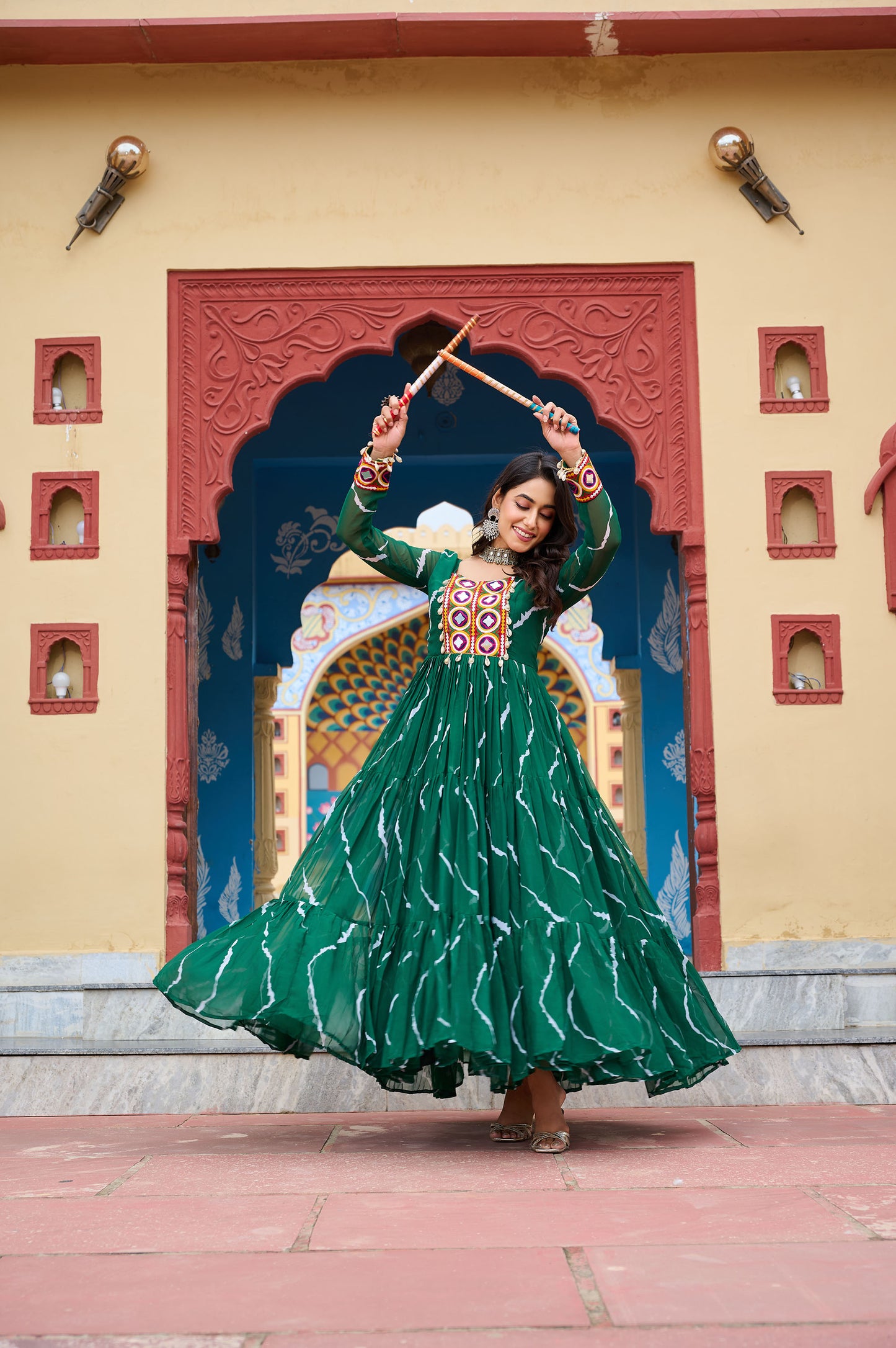 Green Faux Georgette Leheriya Print With Kutchi Patch Work Navaratri Gown