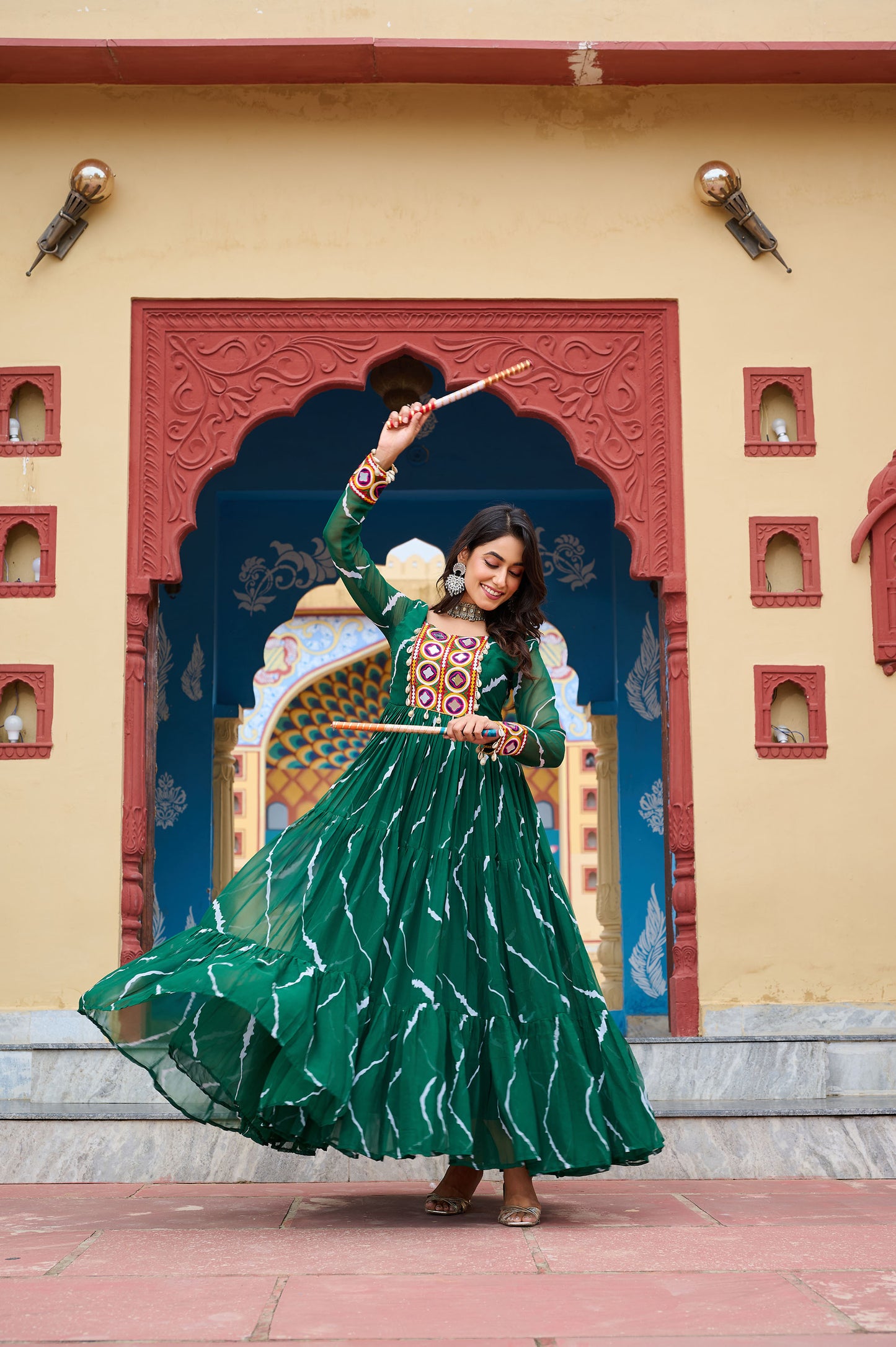 Green Faux Georgette Leheriya Print With Kutchi Patch Work Navaratri Gown