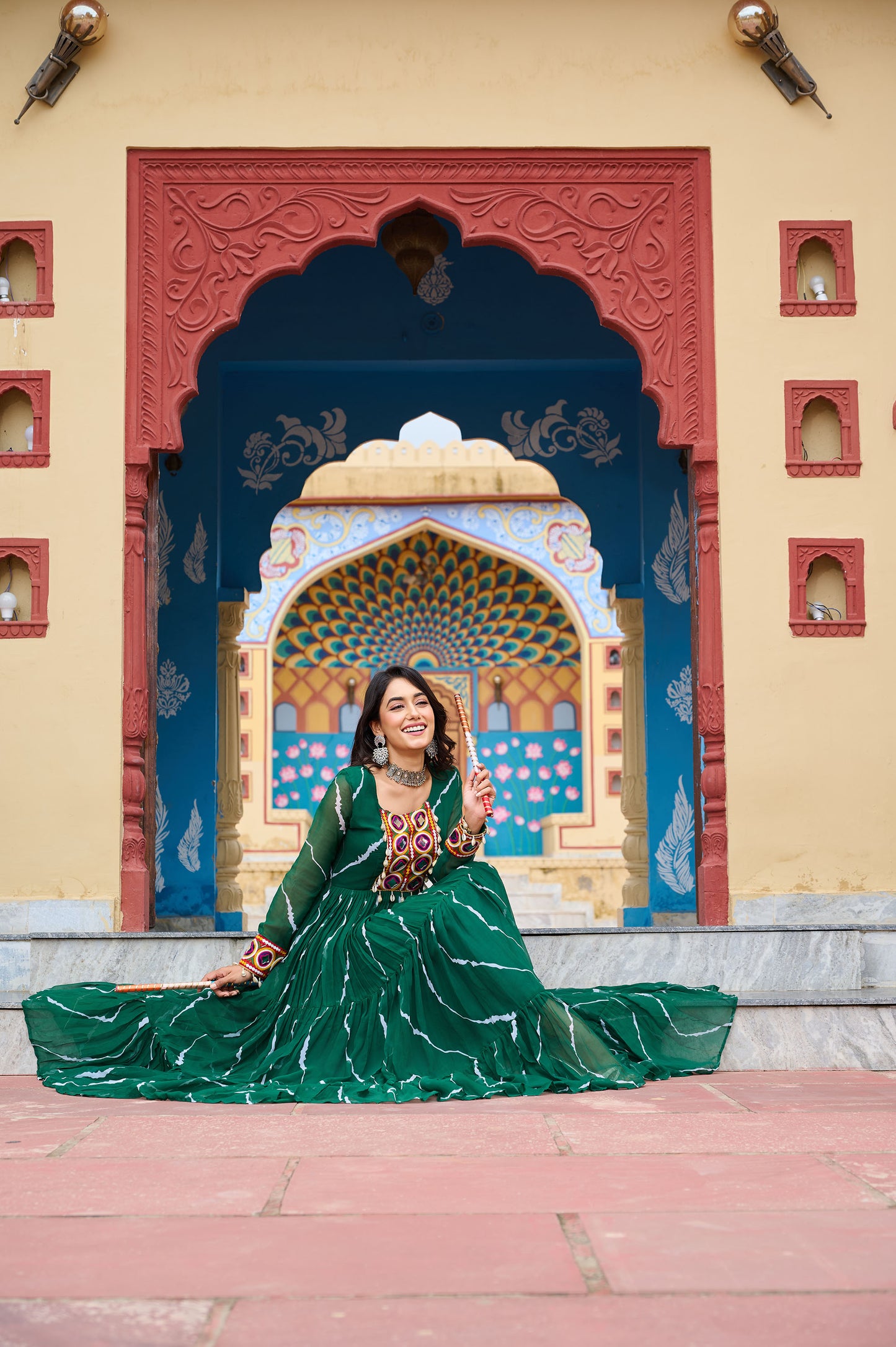 Green Faux Georgette Leheriya Print With Kutchi Patch Work Navaratri Gown