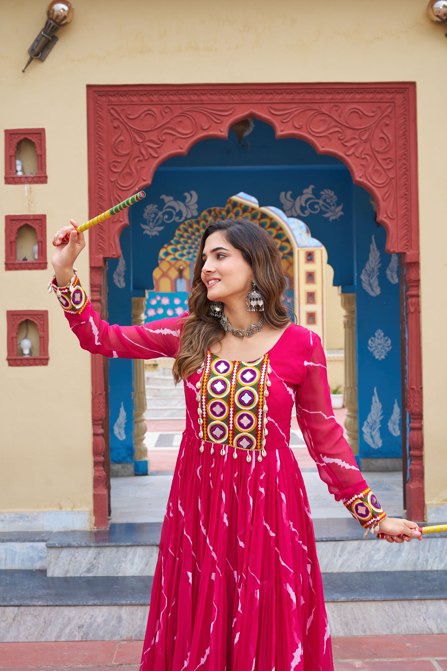 Pink Faux Georgette Leheriya Print With Kutchi Patch Work Navaratri Gown