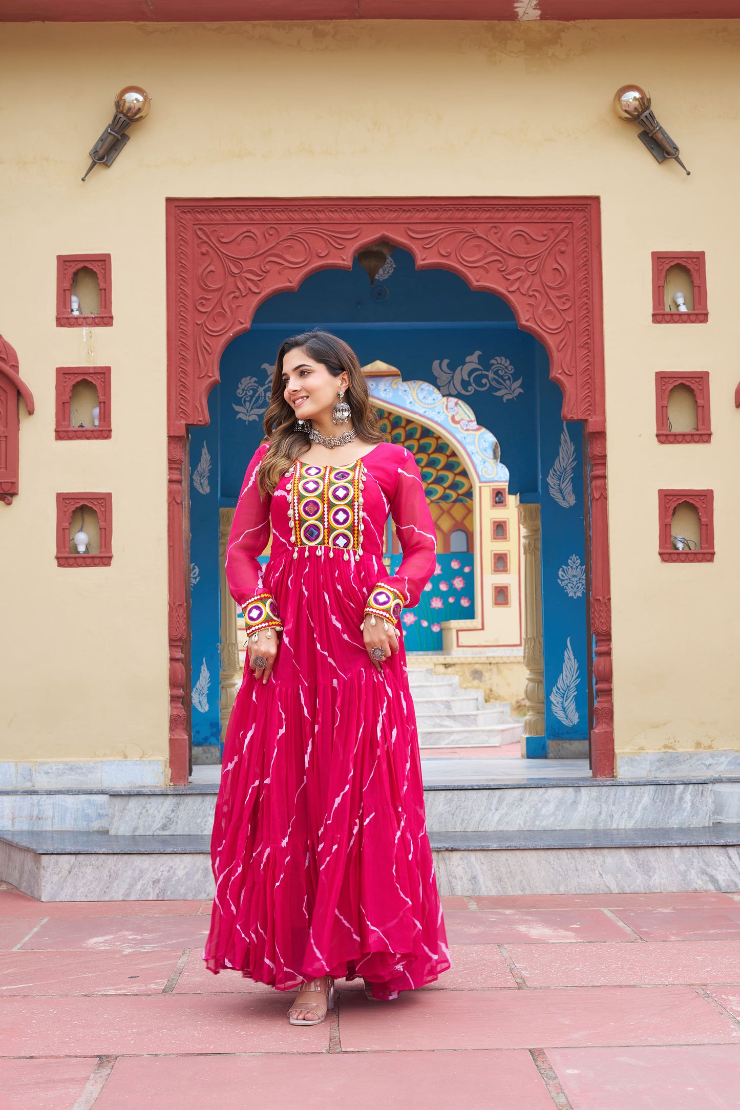Pink Faux Georgette Leheriya Print With Kutchi Patch Work Navaratri Gown
