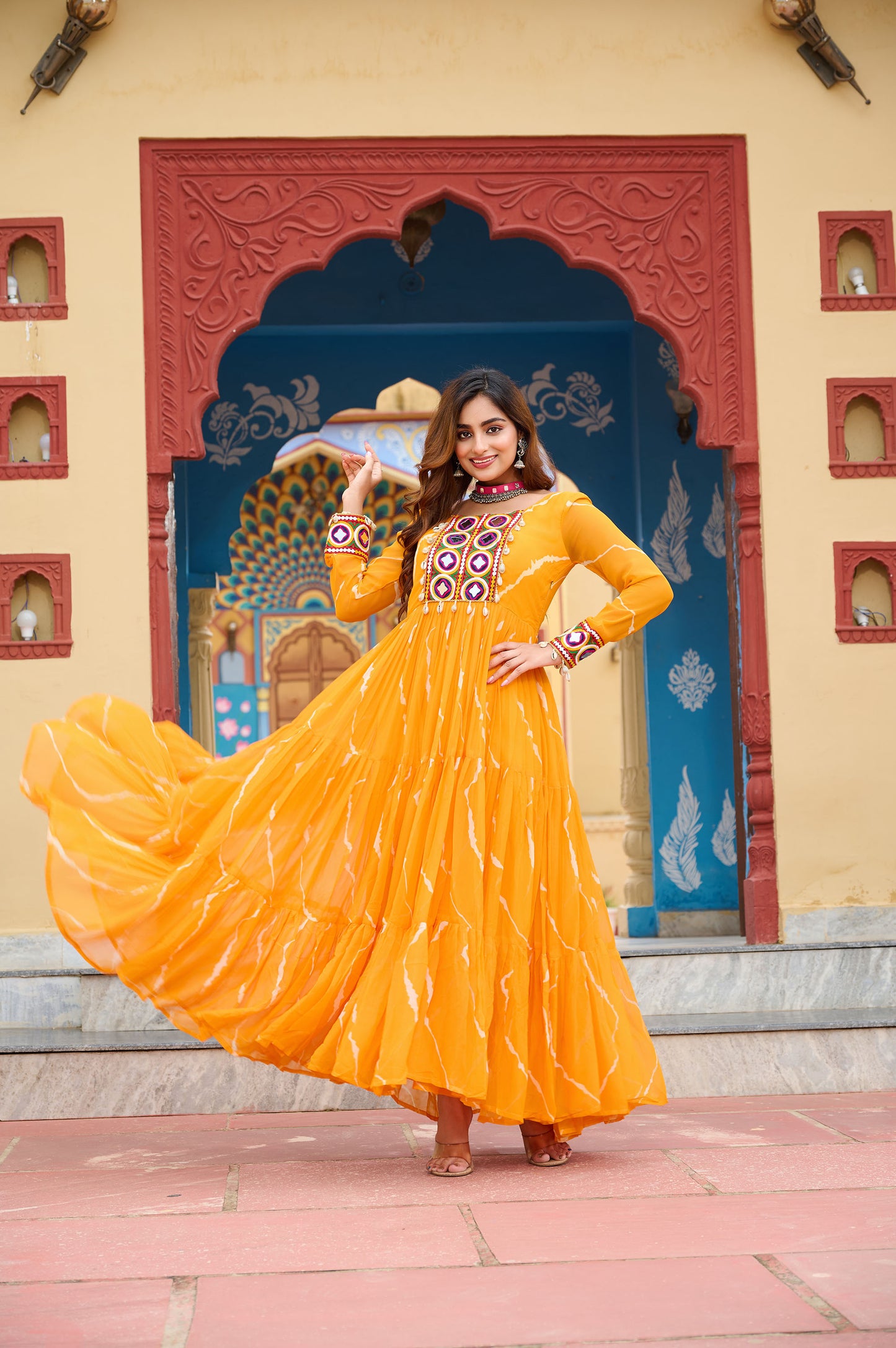 Yellow Faux Georgette Leheriya Print With Kutchi Patch Work Navaratri Gown
