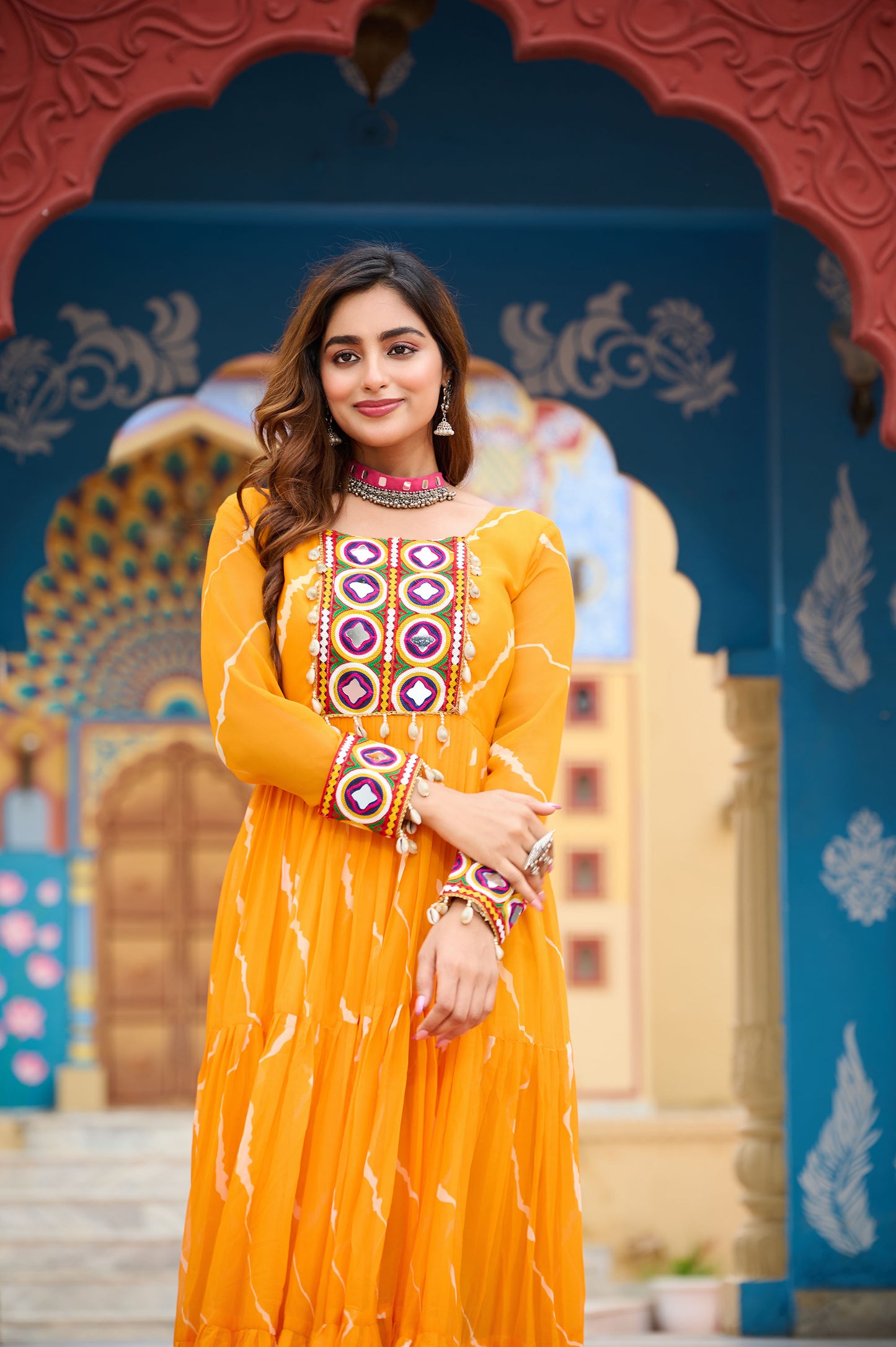 Yellow Faux Georgette Leheriya Print With Kutchi Patch Work Navaratri Gown